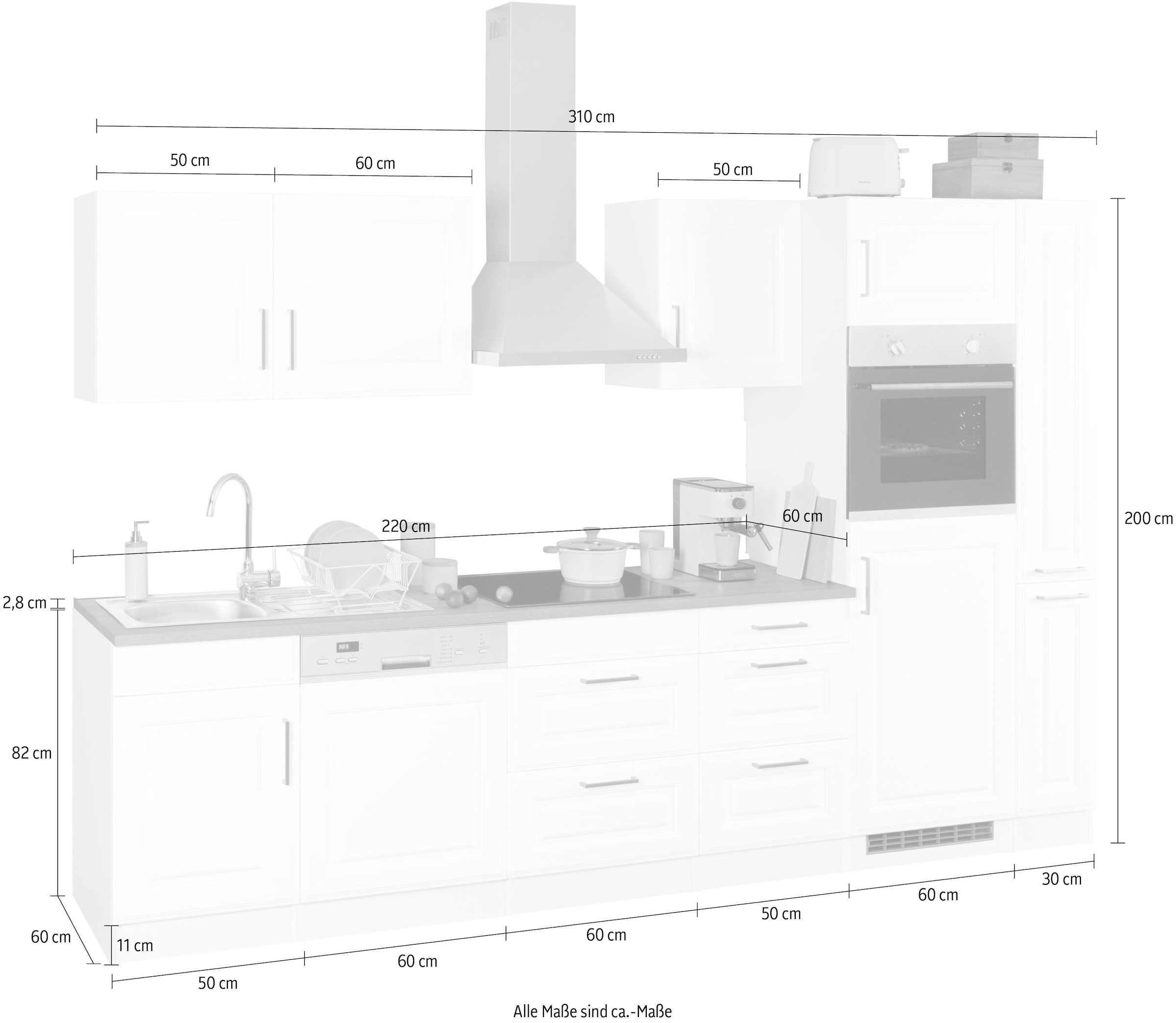 HELD MÖBEL cm, hochwertigen mit Raten Küchenzeile im Fronten auf MDF »Stockholm«, 310 Landhaus-Stil Breite bestellen