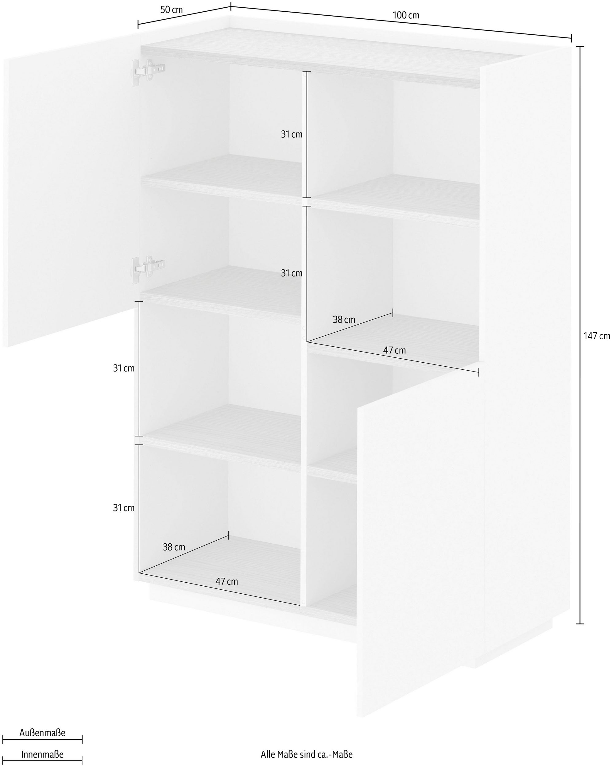 TemaHome Highboard »Nina«, Stauraumschrank aus Echtholzfurnier mit Metallfüssen, Breite 100 cm