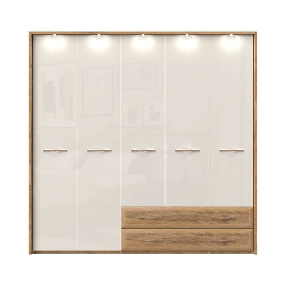 Home affaire Kleiderschrank »Gala, beige hochglänzend UV lackiert, kratzfest, FSC-zertifiziert«, (abgerundete Schubladen aus MDF im Holzdekor, soft-close), mit Beleuchtung und Passpartourahmen, hoher Schrank (224cm), 3 Breiten