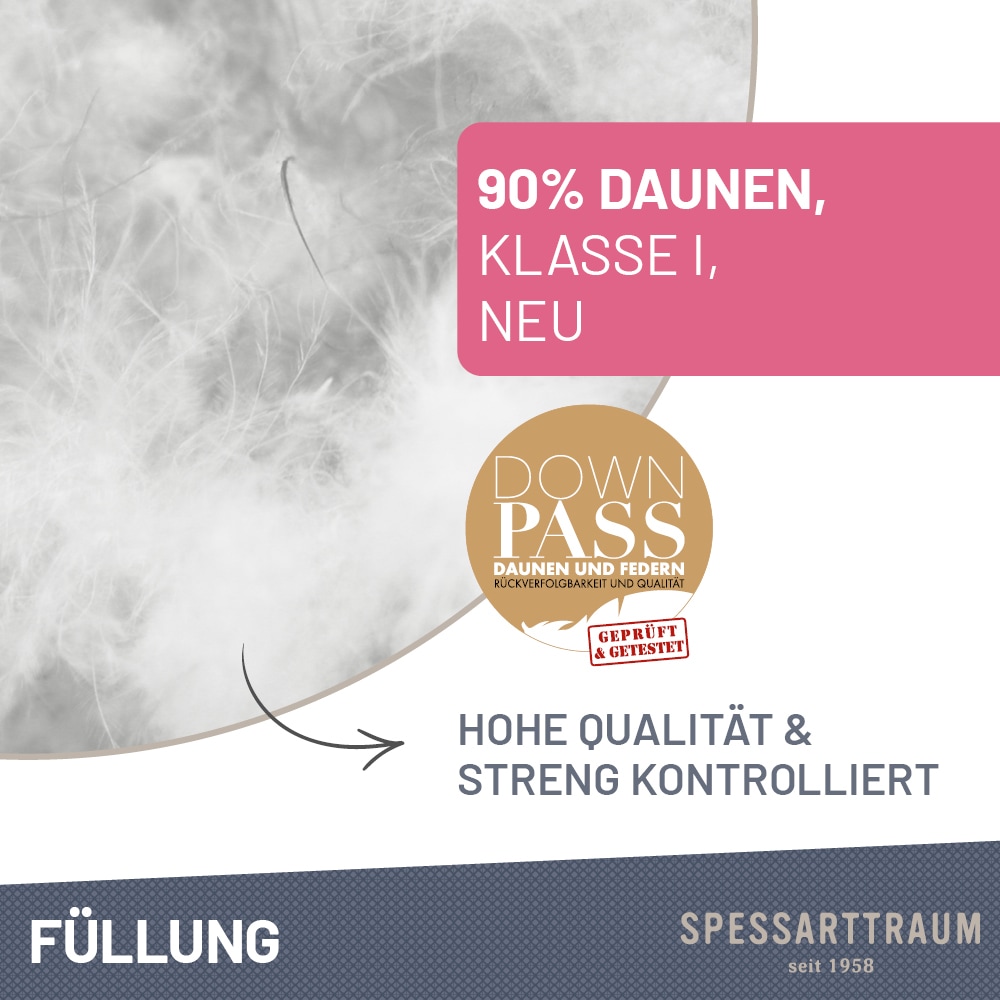 SPESSARTTRAUM Daunenbettdecke »First Class«, warm, Füllung 90% Daunen / 10% Federn, Klasse 1, Downpass zertifiziert, Bezug 100% Baumwolle, Made in Green, Hausstauballergiker geeignet, (1 St.), 5 Wärmeklassen & 6 Größen, Bestseller