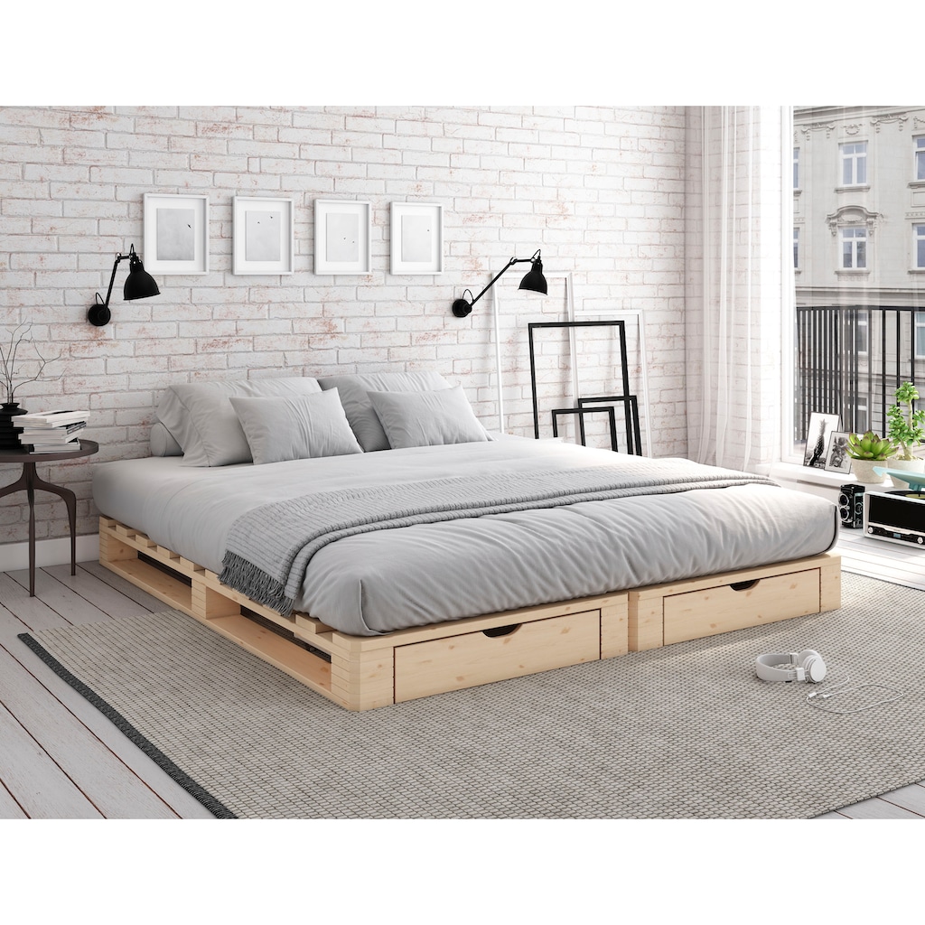 Home affaire Palettenbett »Alasco mit Schubladen«, zertifiziertes Massivholz, erweiterbar zum Doppel- oder Familienbett