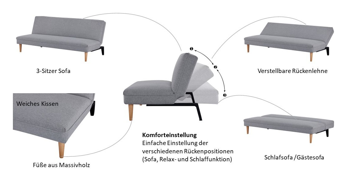 INOSIGN Schlafsofa »MONIDA, Schlafsofa, Klappsofa, 3-Sitzer mit Bettfunktion und«, verstellbarer Rückenlehne