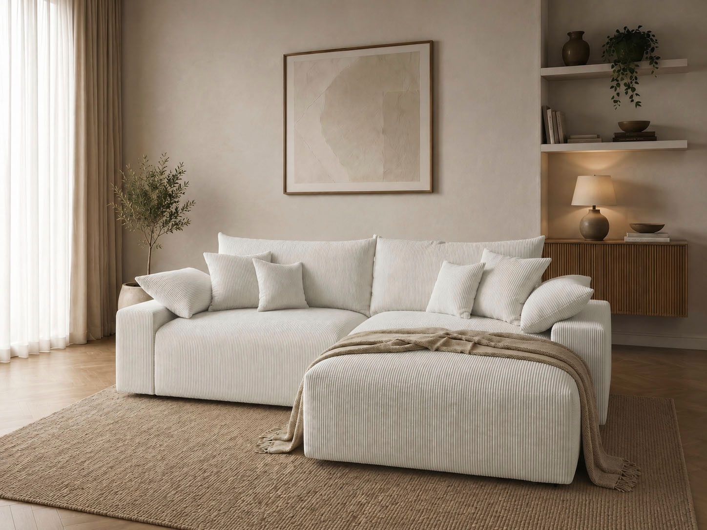 OTTO home Ecksofa »Amici L-Form, B: 302 cm, Mega-Sofa in Boucle und Cord« Couch mit Federkern & 6 Zierkissen, frei stellbar