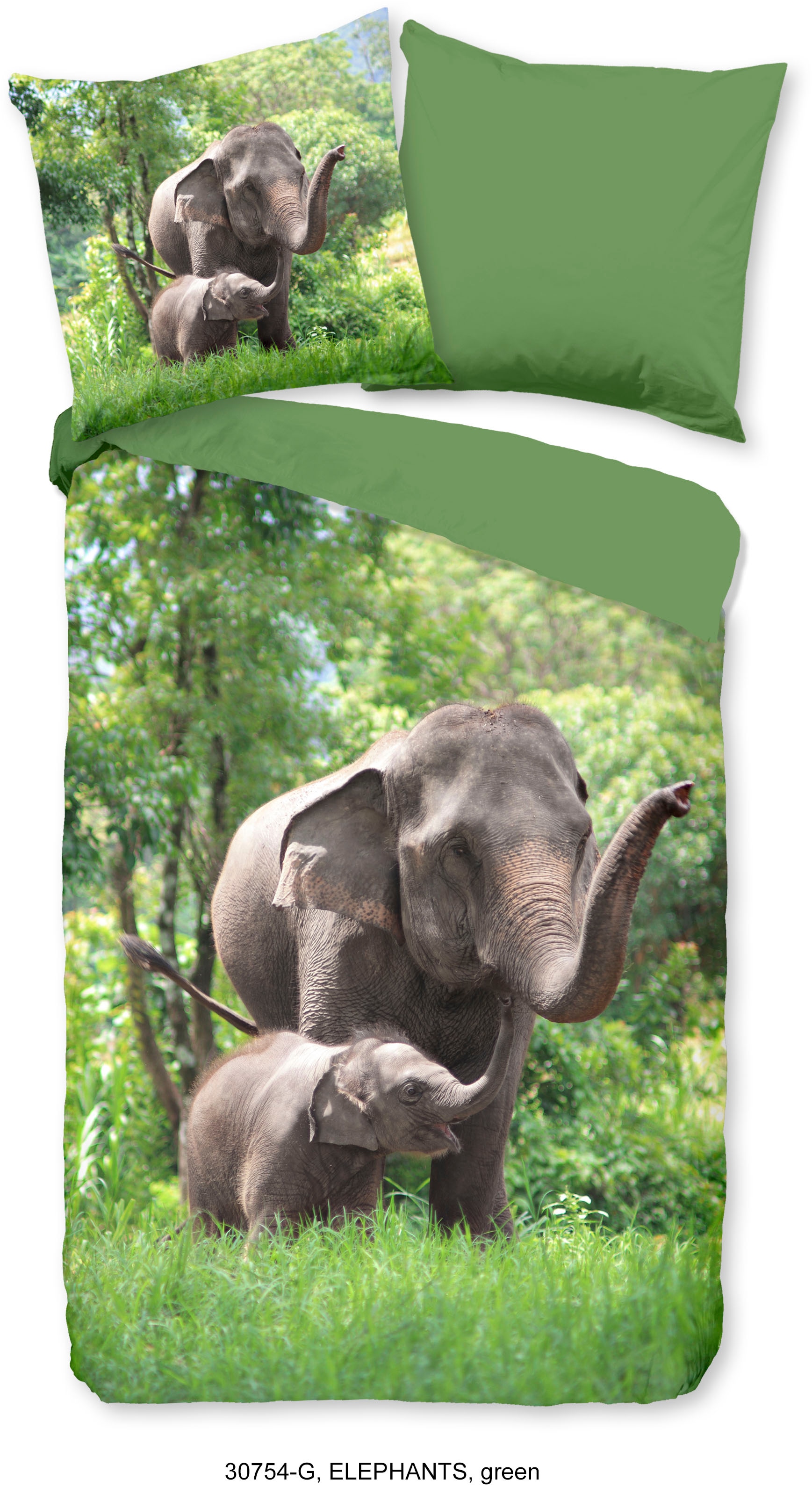 good morning Kinderbettwäsche »Elephants«, Baumwolle, 135x200, Reißverschluss, Wendeoptik, Kind, Elefant, Grün