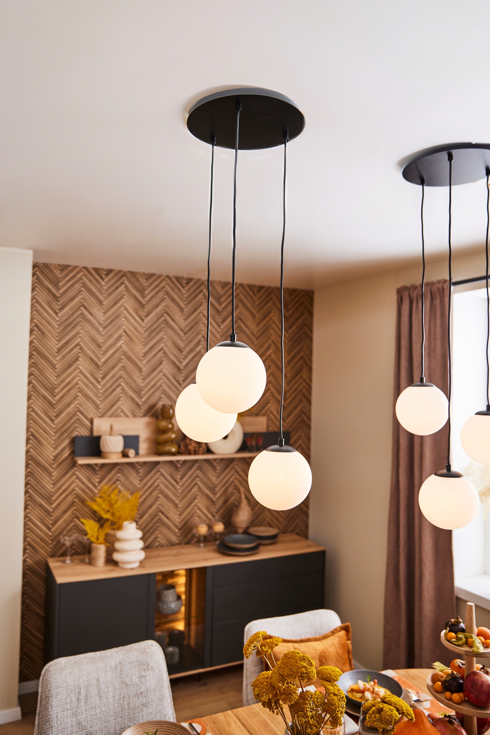 my home Pendelleuchte »Nymölla«, 3 flammig, Leuchtmittel E14 | ohne Leuchtmittel, Hängeleuchte mit großen Glaskugeln, amberfarben oder opal matt weiß