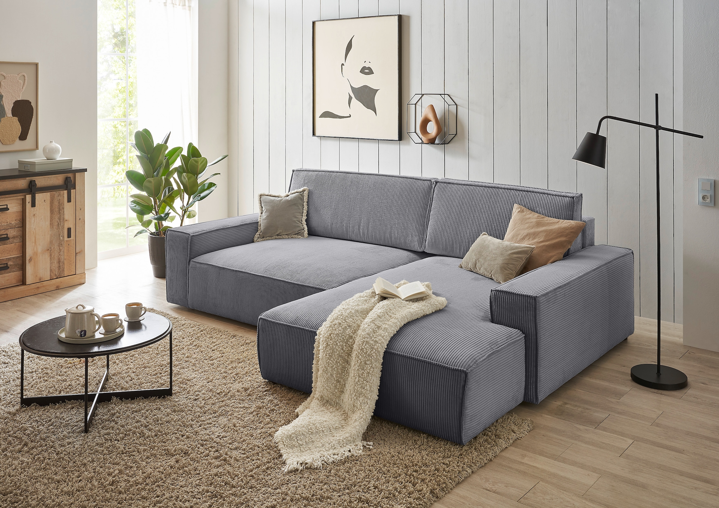 Home affaire Ecksofa »NEU: SHERWOODL XXL 284, Big-Sofa L-Form, tiefe Sitzfläche 95 cm, Cord,«, Leinenoptik, Recamiere rechts/links, auch als Schlafsofa stellbar