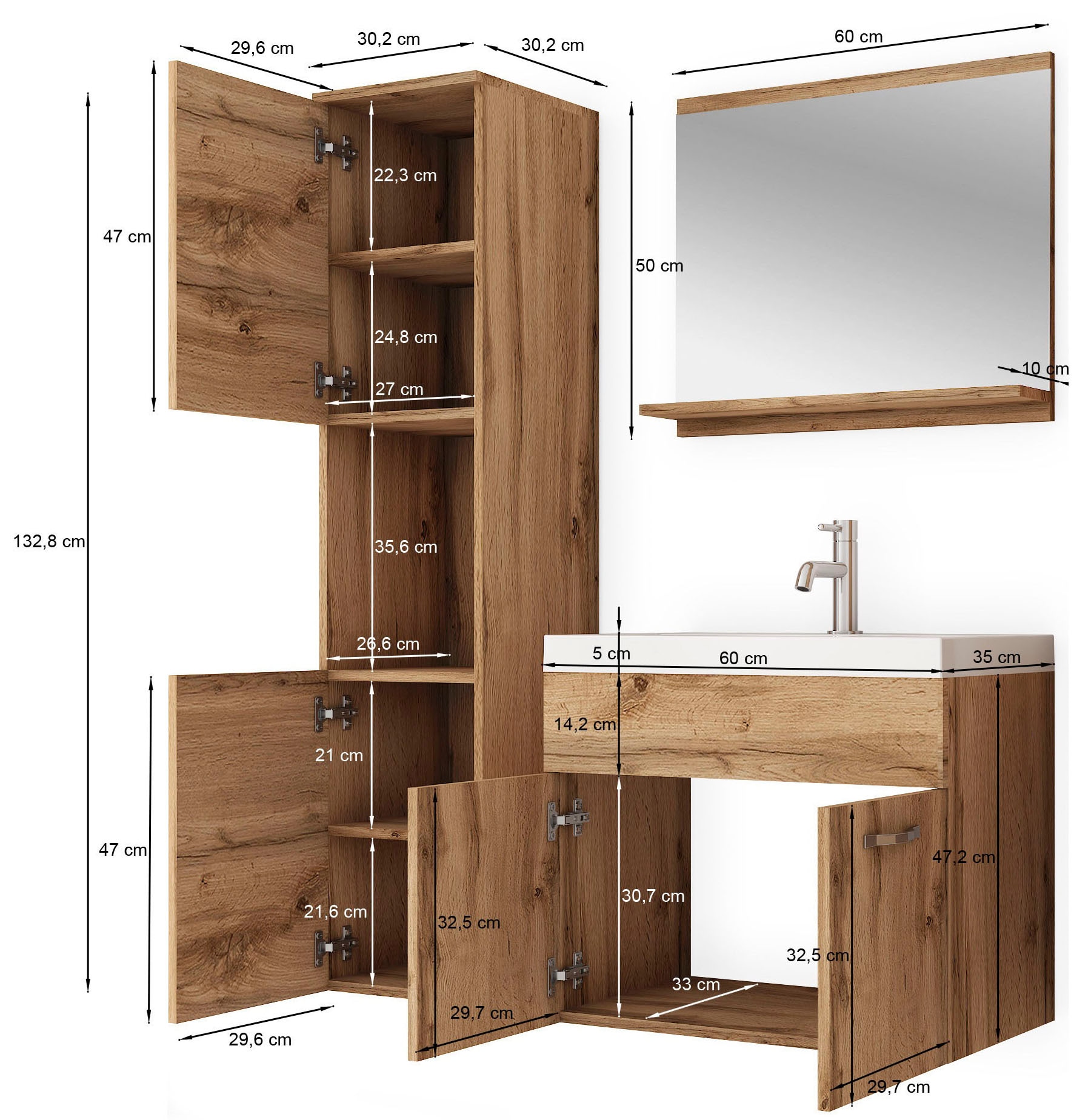 welltime Badmöbel-Set »Lorca«, Set L Lorca 60cm Waschbecken Unterschrank Hochschrank Waschtisch