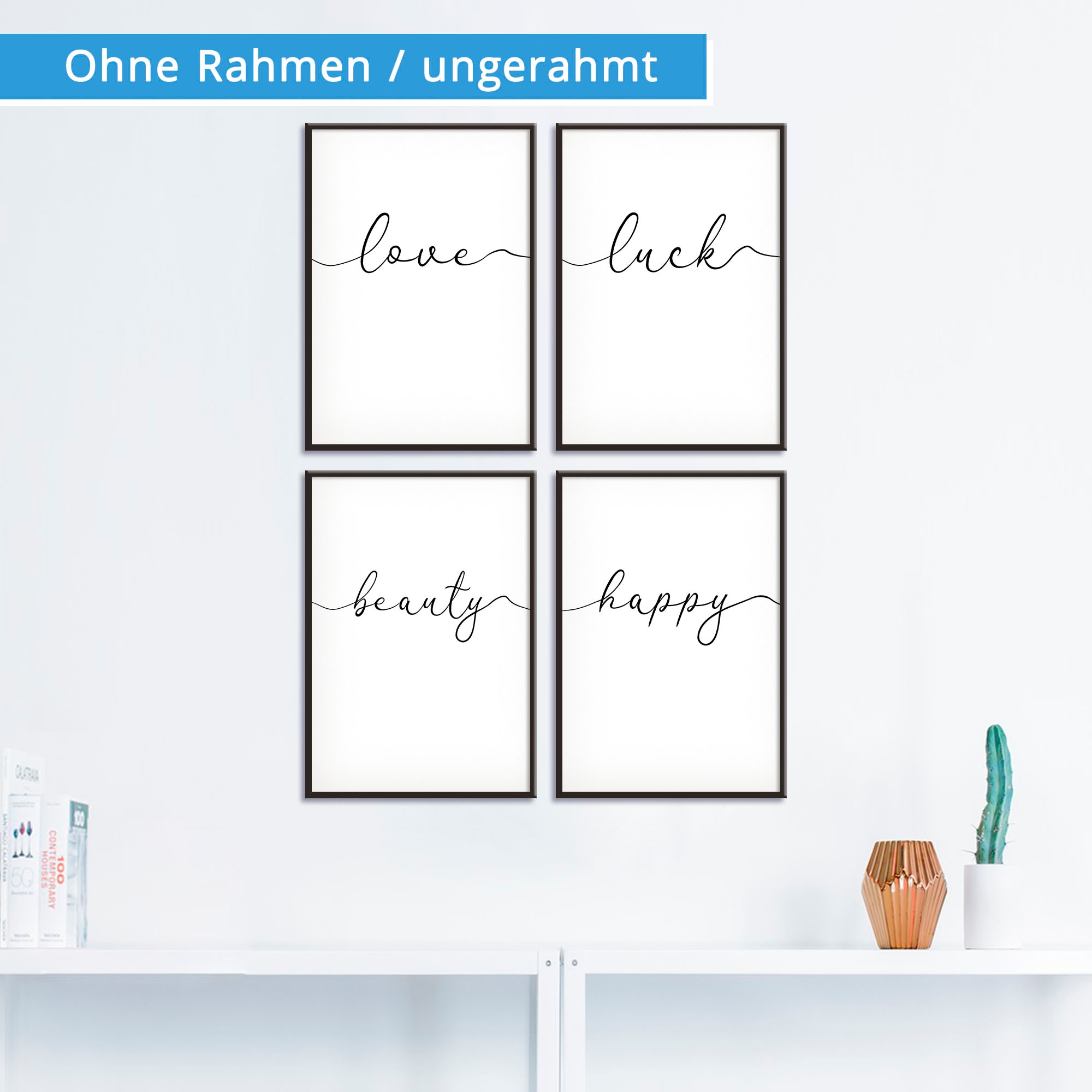 Artland Poster »Liebe Glück Schönheit Frohsinn«, Sprüche & Texte, (4 St.), Poster, Wandbild, Bild, Wandposter