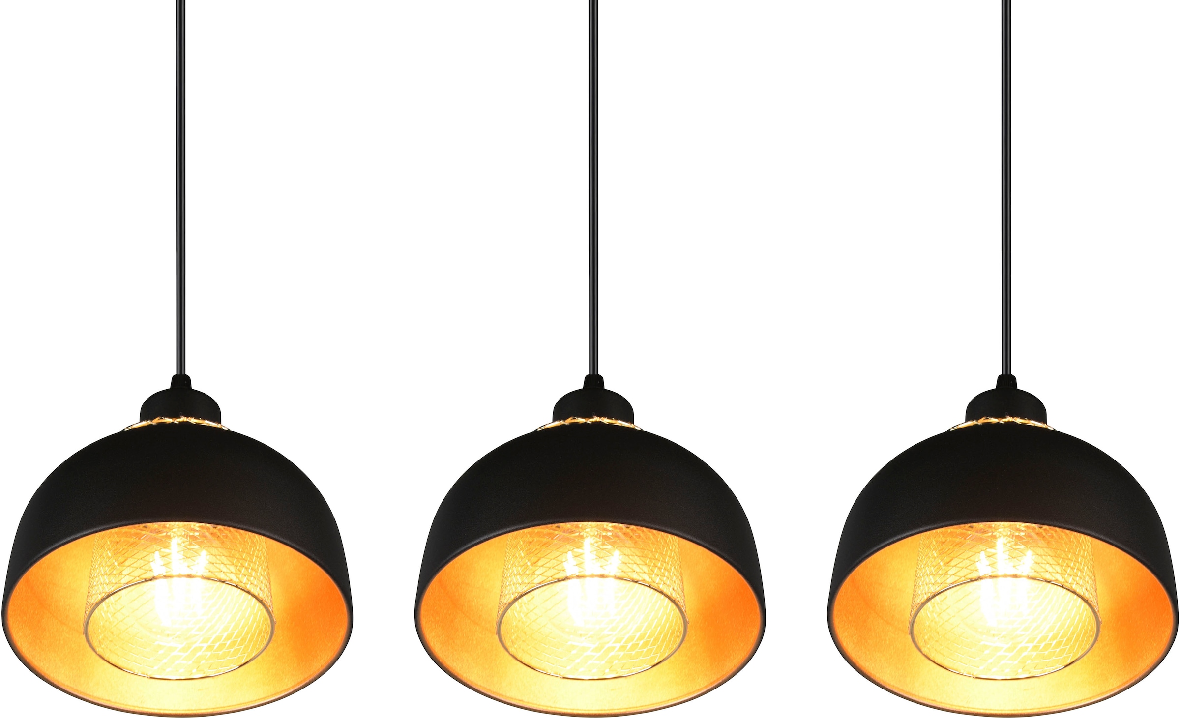 REALITY Leuchten Pendelleuchte »Punch«, 3 flammig, Leuchtmittel E27 | ohne Leuchtmittel, 3-flg, Industrie-Look mit Doppelschirm schwarz-gold exkl 3xE27 max 40W