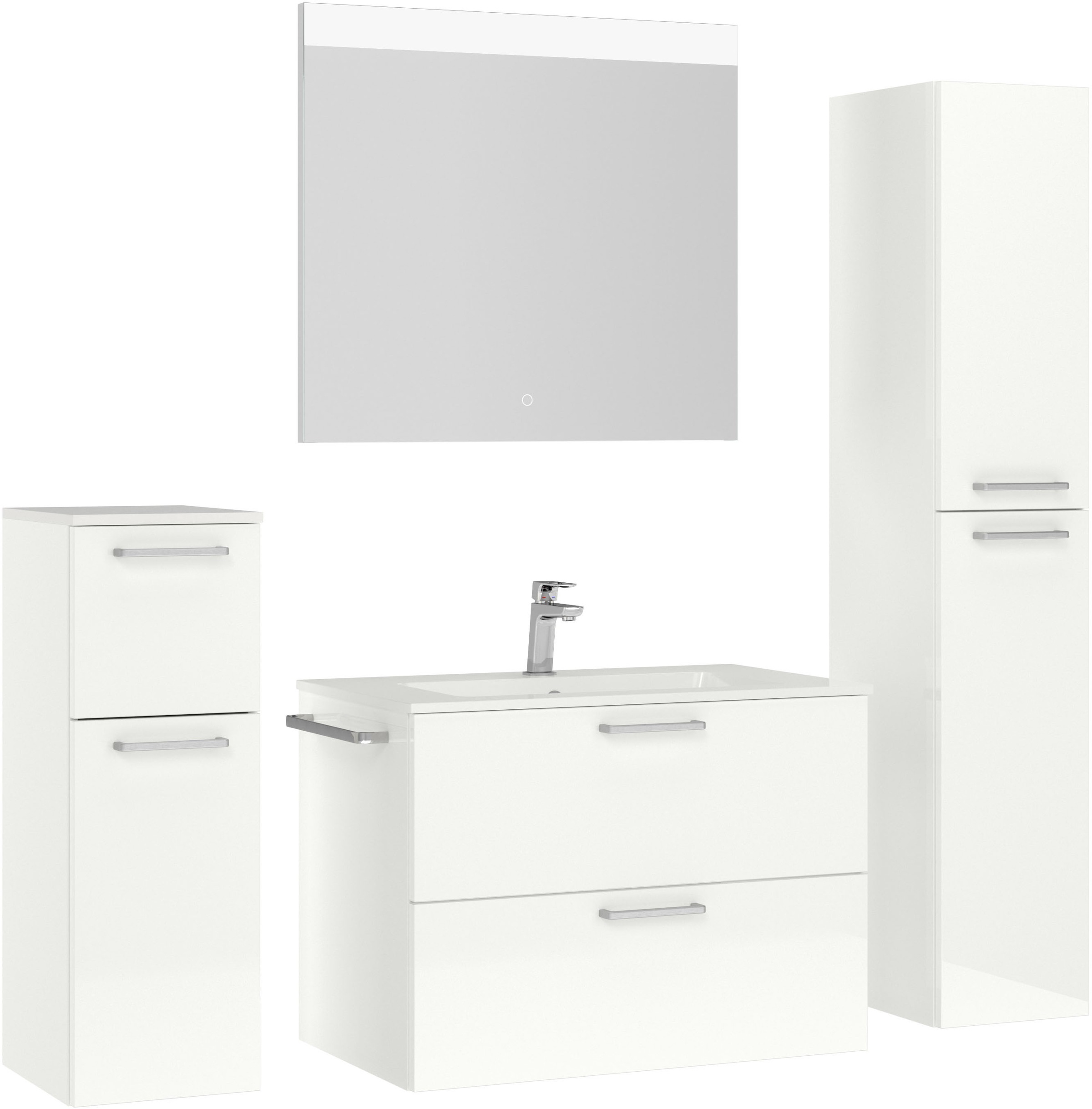 nobilia® Badmöbel-Set »Tolvina«, (4 St., vormontiert, mit Soft-Close), Hochglanz, inkl. Spiegel mit Touch-Sensor, in vier Breiten