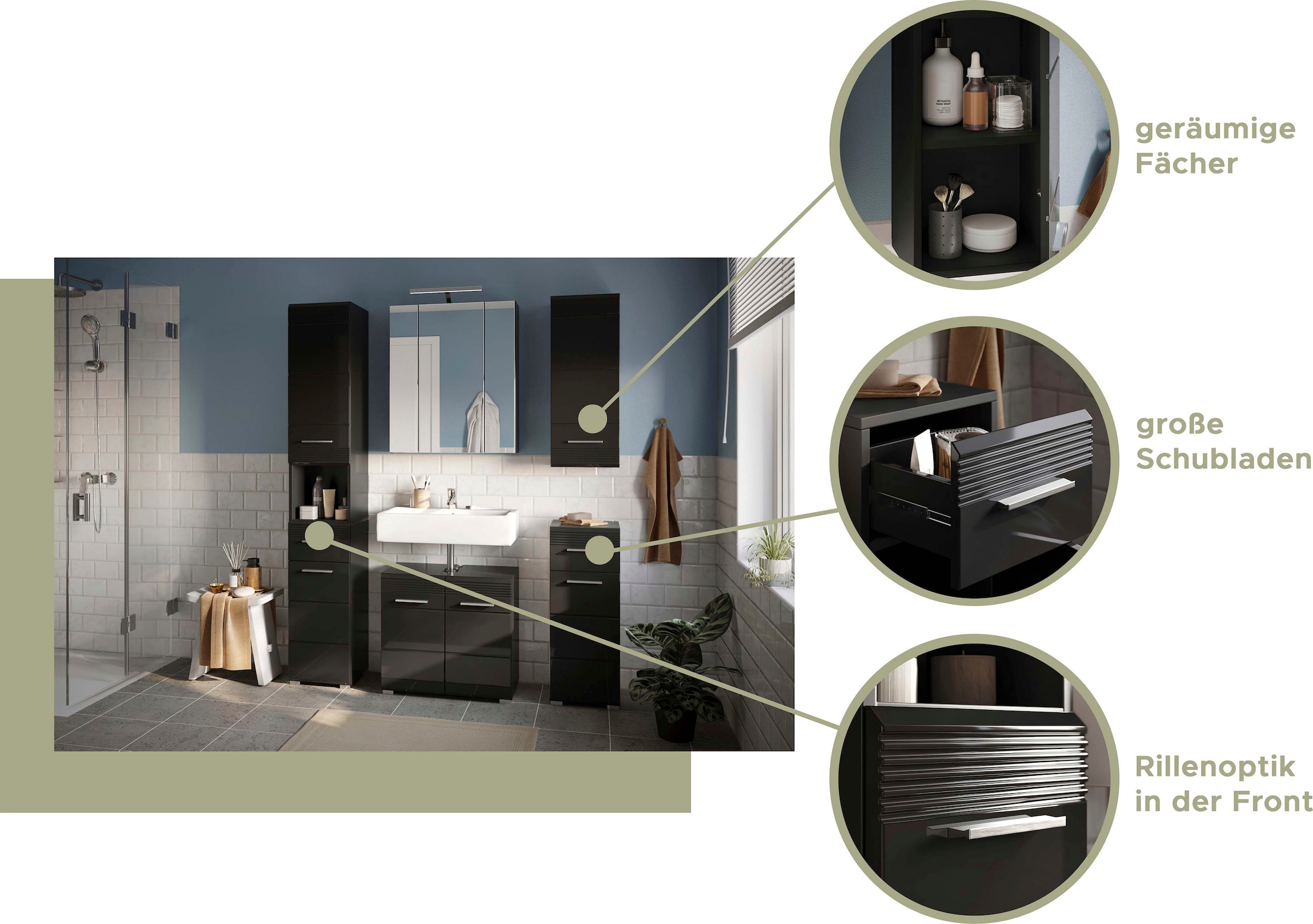 INOSIGN Hochschrank »Malmö, Breite 30 cm, 2 Türen, 1 Schubkasten, 1 offenes Fach, MDF-Front«, in verschiedenen Farben erhältlich, Badmöbel, Badschrank, Schrank, Bad