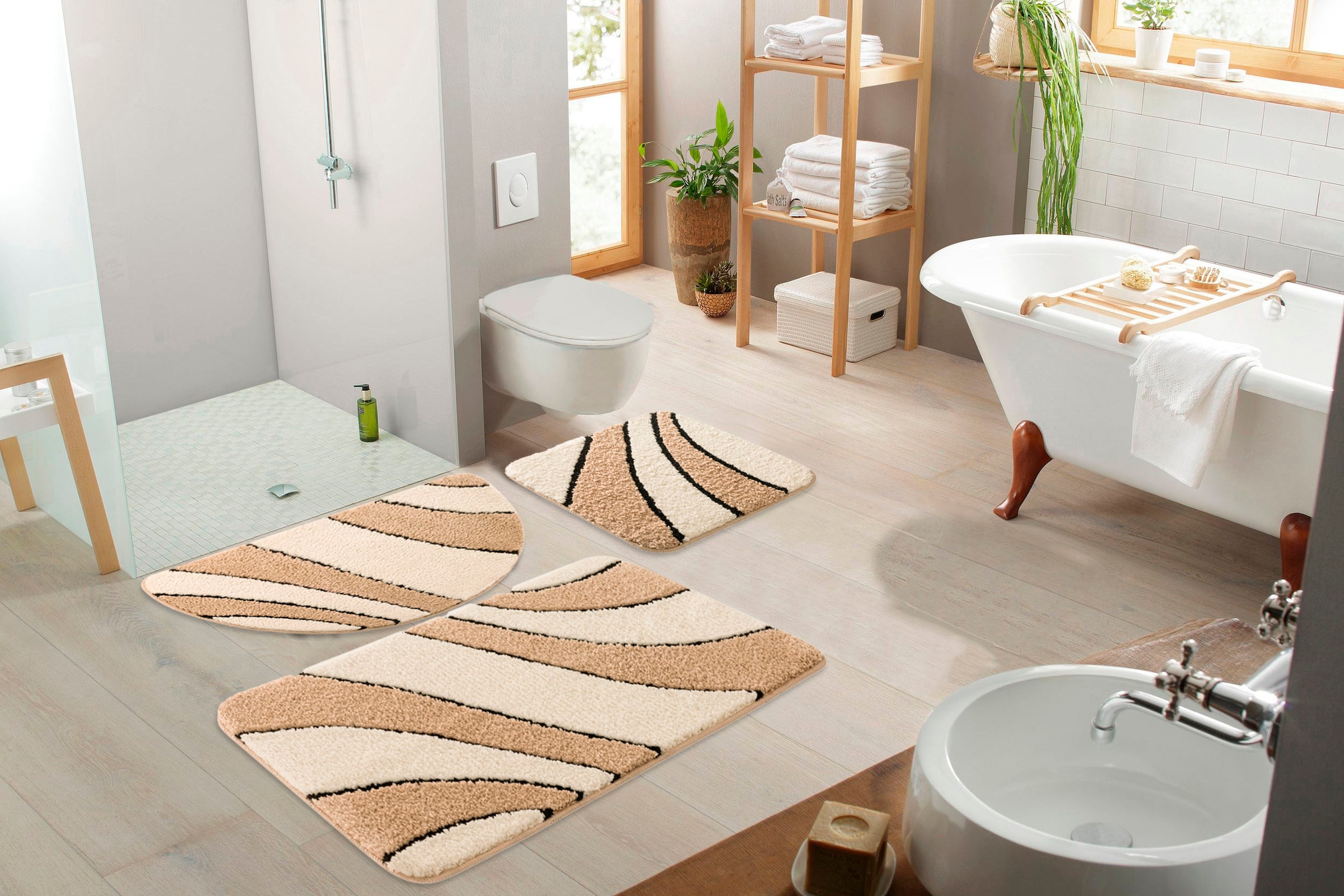 my home Badematte »Anna, Badvorleger, Badezimmer Teppich«, rutschhemmend beschichtet, fußbodenheizungsgeeignet-schnell trocknend, Badteppich, Hoch Tief Effekt, Modern, Weich, Wellen