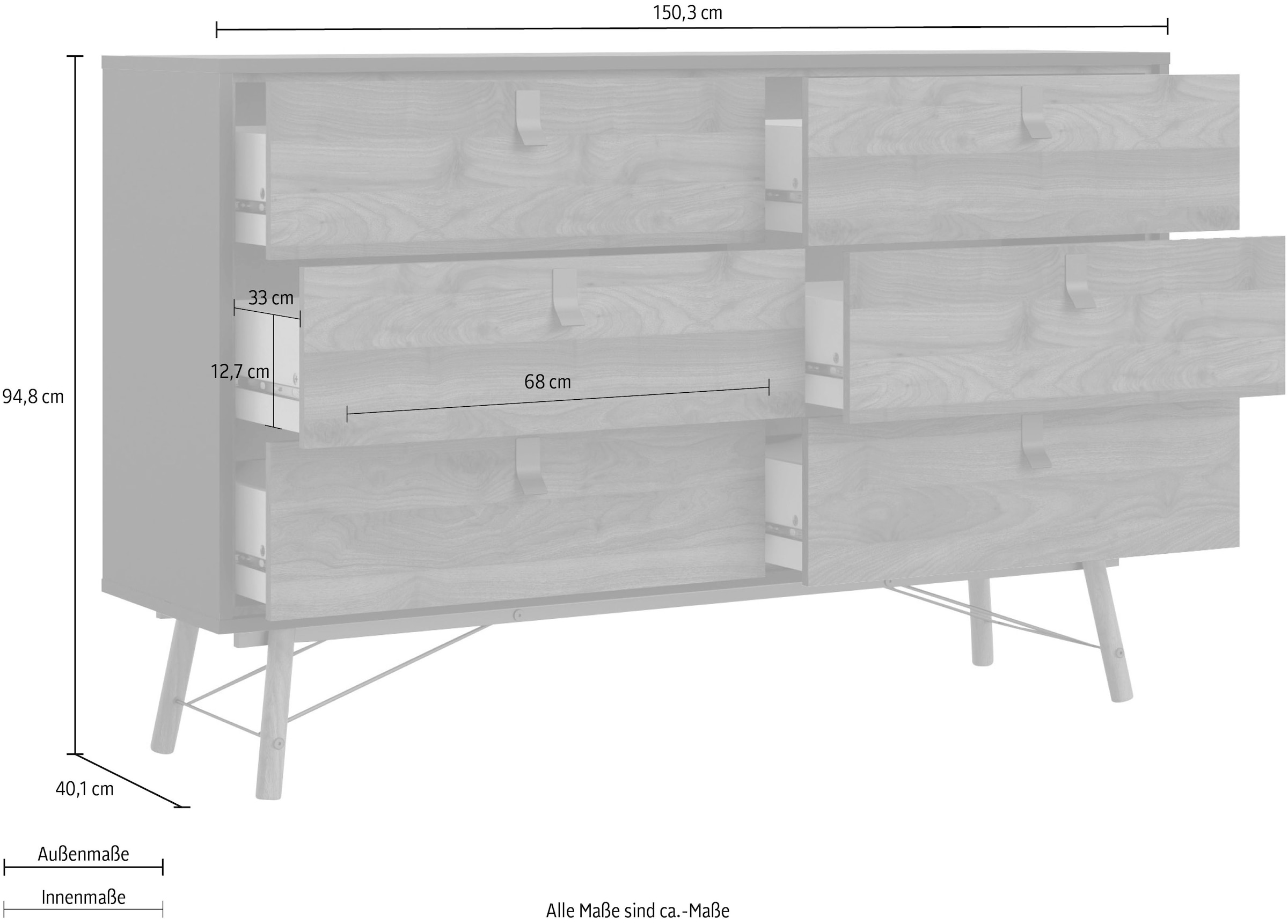andas Kommode »Ry Aufbewahrung, Schubladenschrank, Stauraum,«, Sideboard mit 6 Schubladen, Breite 150 cm, Höhe 95 cm, Massivholzbeine