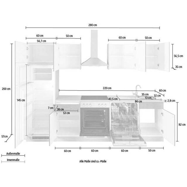 wiho Küchen Küchenzeile »Zell«, mit E-Geräten, Breite 280 cm online kaufen | Backofenumbauschränke