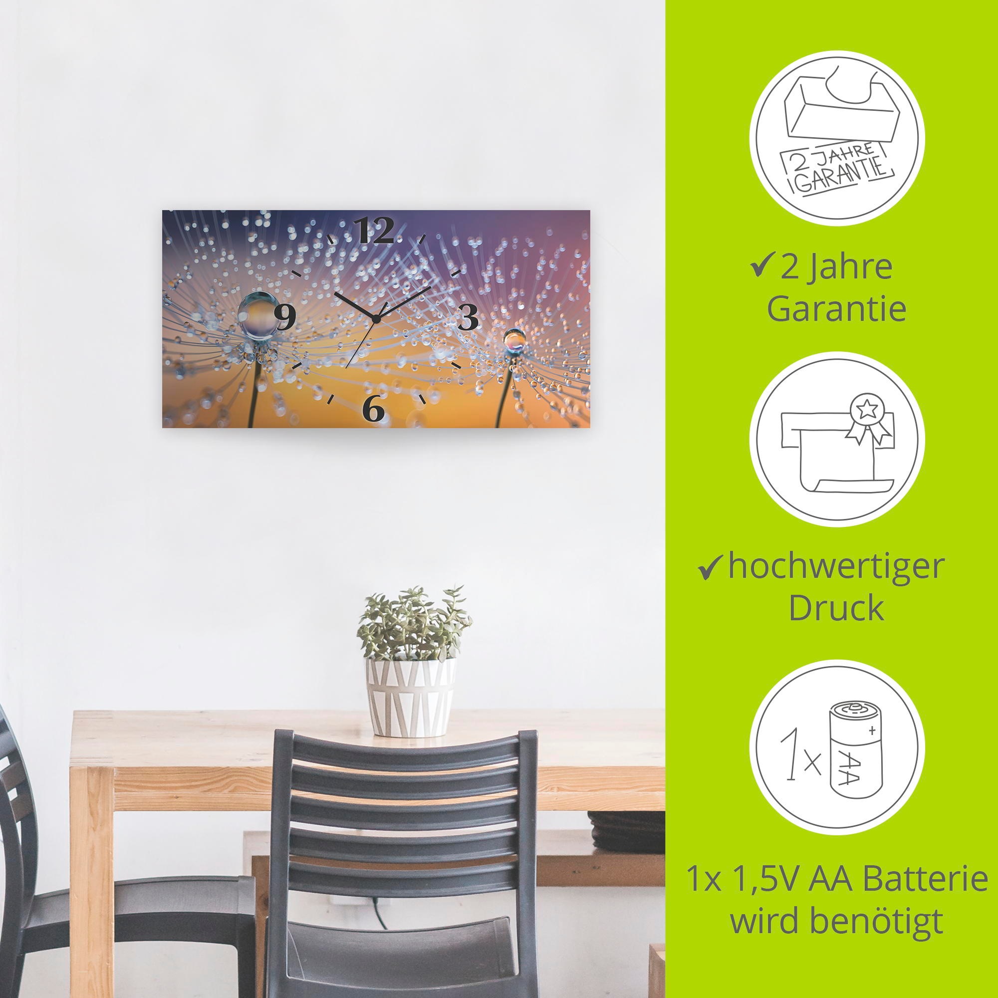 Artland Wanduhr »Pusteblumen Tautropfen« wahlweise mit Quarz- oder Funkuhrwerk, lautlos ohne Tickgeräusche