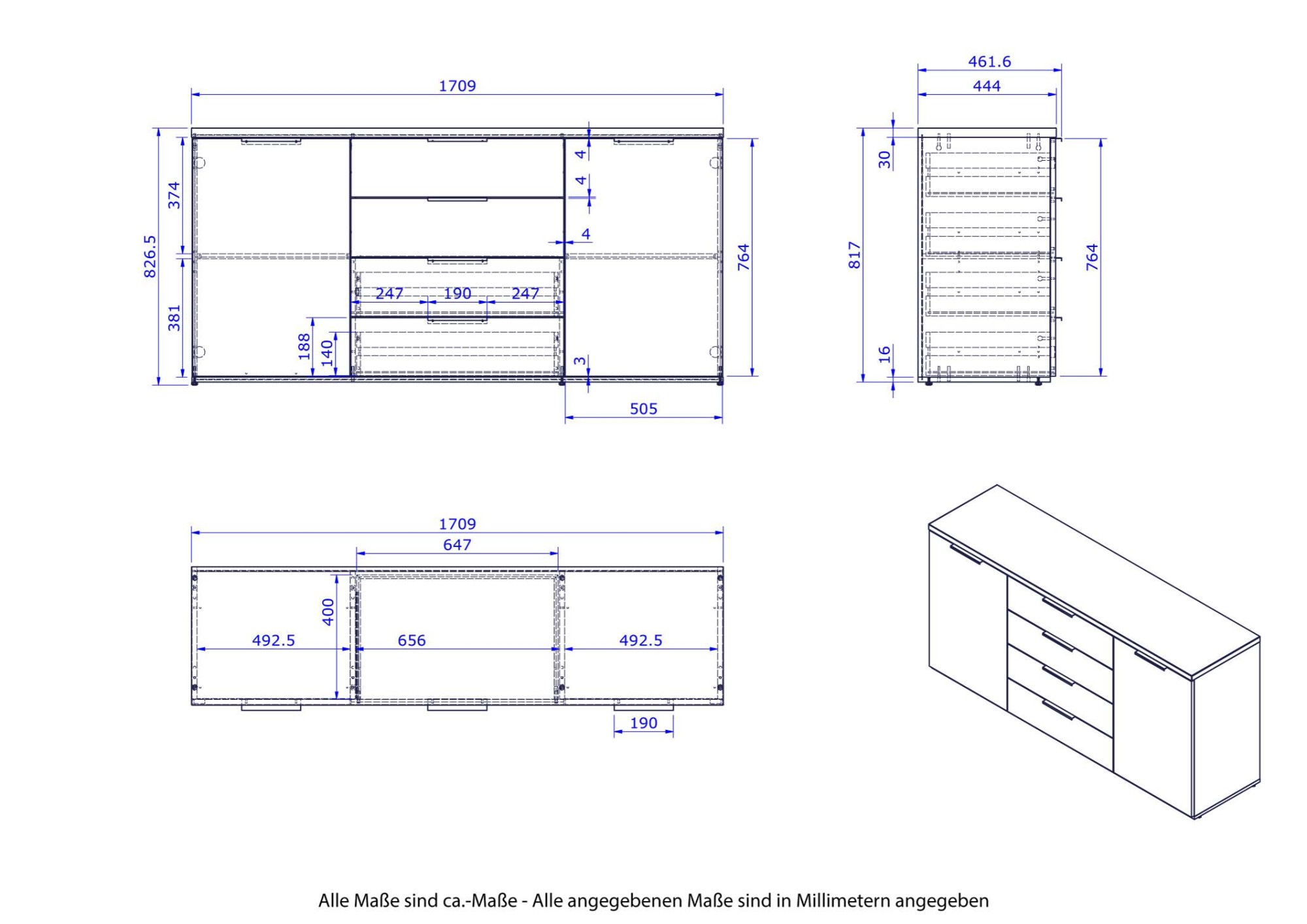 Composad Sideboard »Mundi, Sideboard, Kommode, Schubkastenkommode, Buffet«, (1 St.), mit 2 Türen und 4 Schubladen hochglanz lackiert