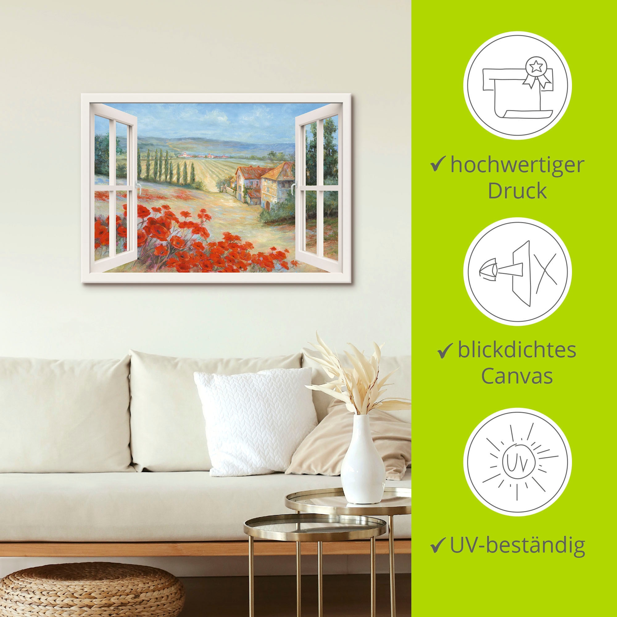 Artland Leinwandbild »Mohnlandschaft«, Fensterblick, (1 St.), auf Keilrahmen gespannt