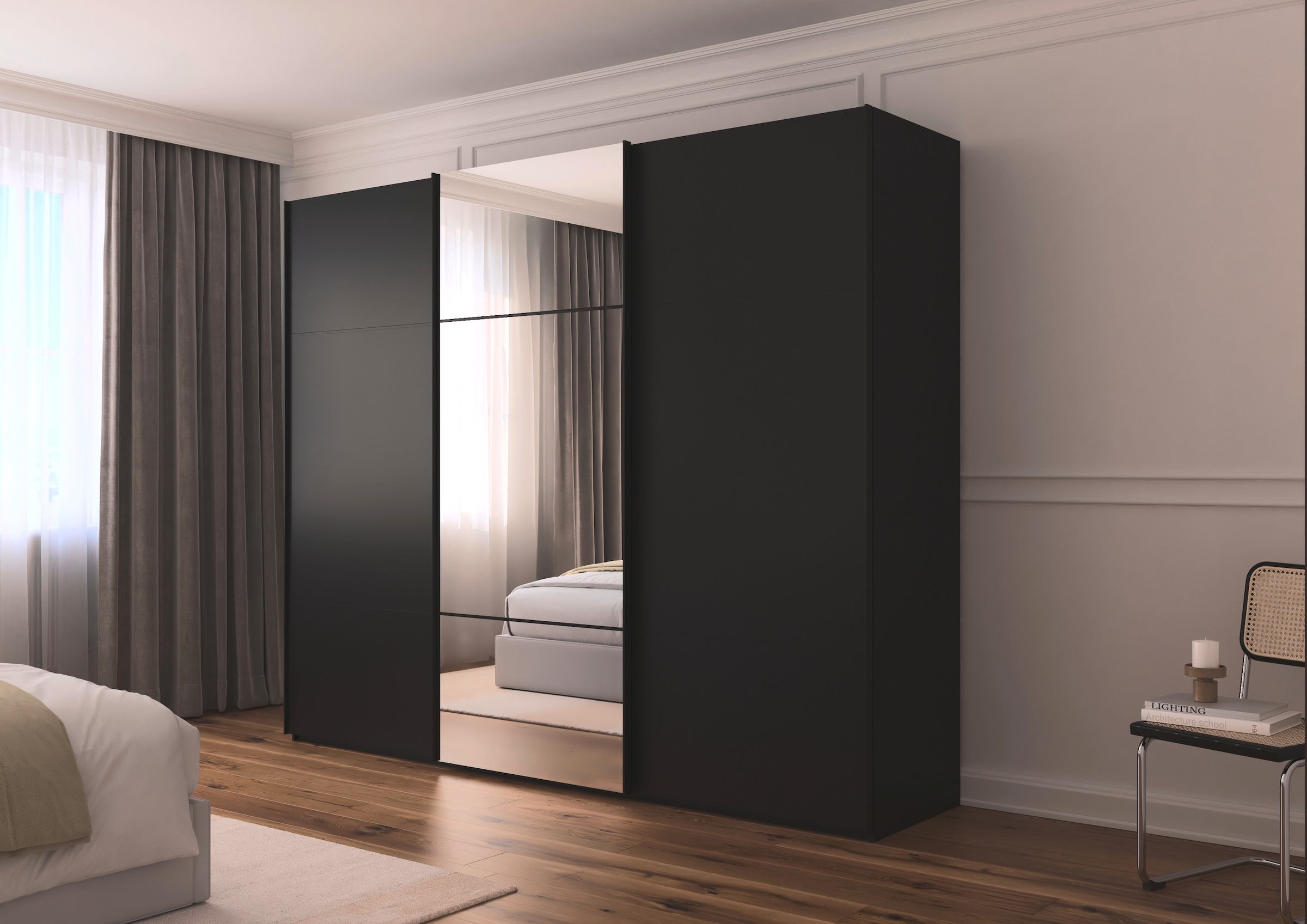 rauch Schwebetürenschrank »Kleiderschrank Schrank Garderobe Schlafzimmerschrank SCALE-TRIO«, edle dreigeteilte Front mit 2 Zierleisten und Spiegel MADE IN GERMANY