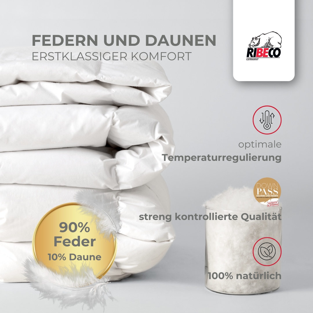 RIBECO Federbettdecke »Laram, Bettdecken für Sommer oder Winter, Made in Germany«, normal, Füllung 90% Federn, 10% Daunen, Bezug Baumwolle, (1 St.), Super Preis-Leistung, Bettdecke 135x200 cm oder 155x220 cm, Decke