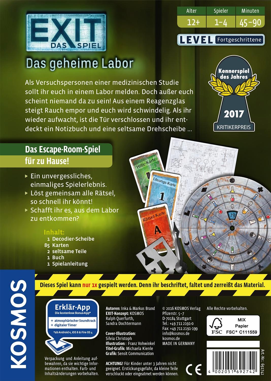 Kosmos Spiel »EXIT, Das Spiel, Das geheime Labor« Made in Germany