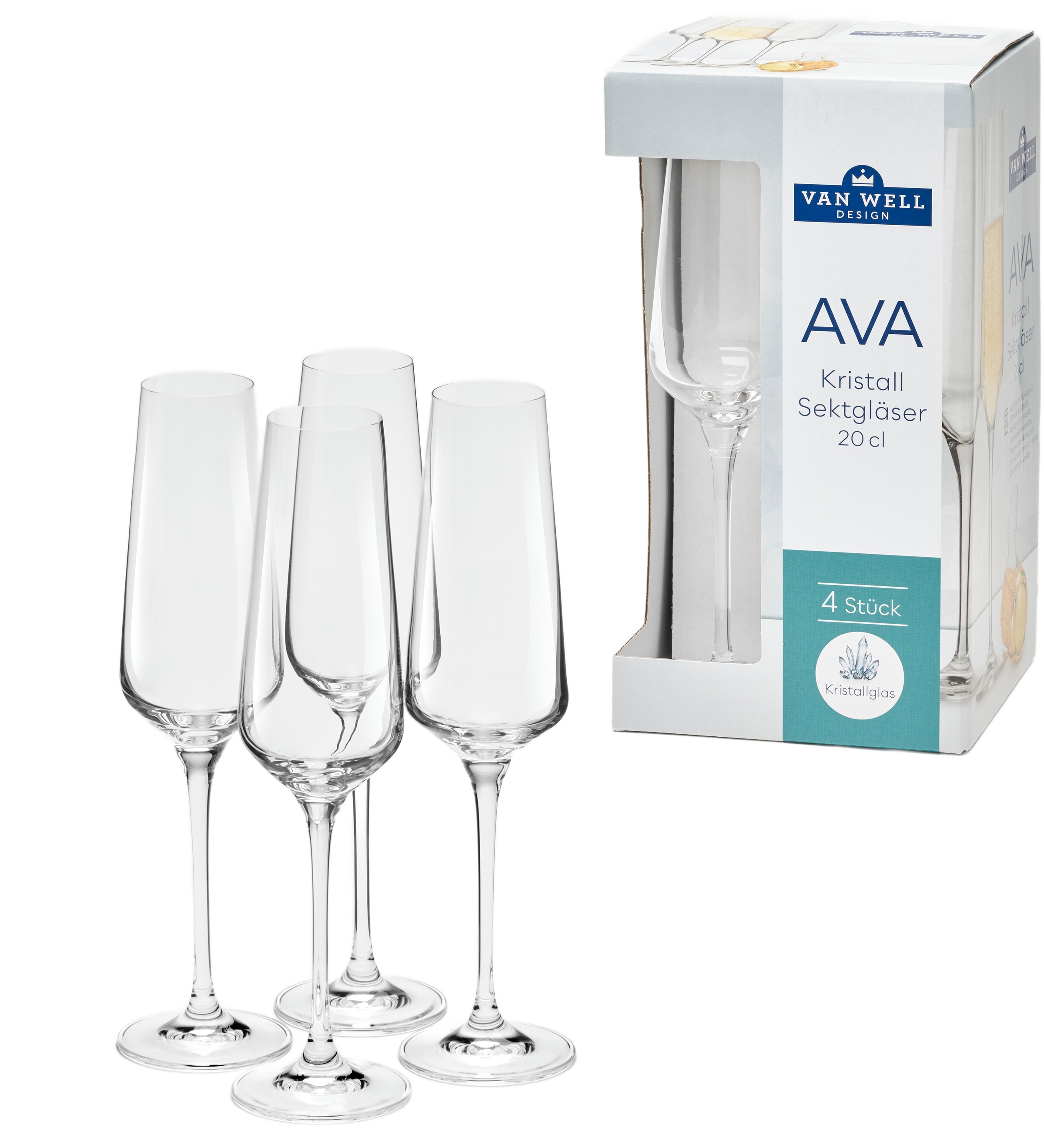 van Well Sektglas »Ava, Sektgläser 20,0 cl, 4 Stück«, (Set, 4 tlg.), Geschenkkarton mit Sichtfenster, spülmaschinengeeignet