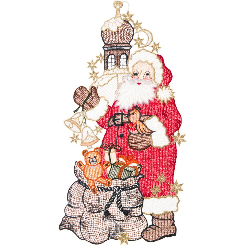 W. Reuter & Sohn - Plauener Spitze® Fensterbild »Fensterbild "Santa Claus"(langer Mantel) farbig«