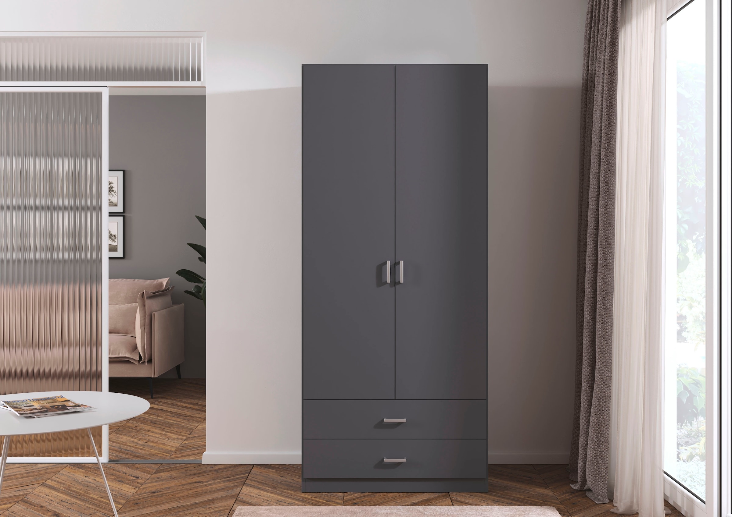 rauch Drehtürenschrank »Kleiderschrank Garderobe GAMMA Breiten 91/136/181/226/271/315/360 cm« in 3 Ausstattungen BASIC/CLASSIC/PREMIUM (inkl. SOFT-CLOSE-Funktion),  mit Schubladen, verschiedene Griff-Varianten TOPSELLER MADE IN GERMANY