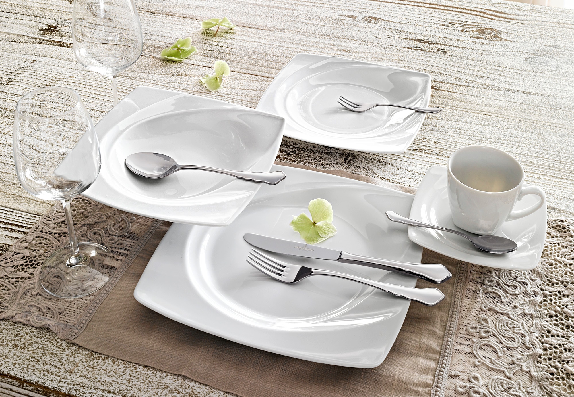 CreaTable Kombiservice »Geschirr-Set Celebration«, (50 tlg., Kaffeeservice und Tafelservice im Set, für 6 Personen), Service, weiß, außergewöhnliche Geometrie, 50 Teile, für 6 Personen