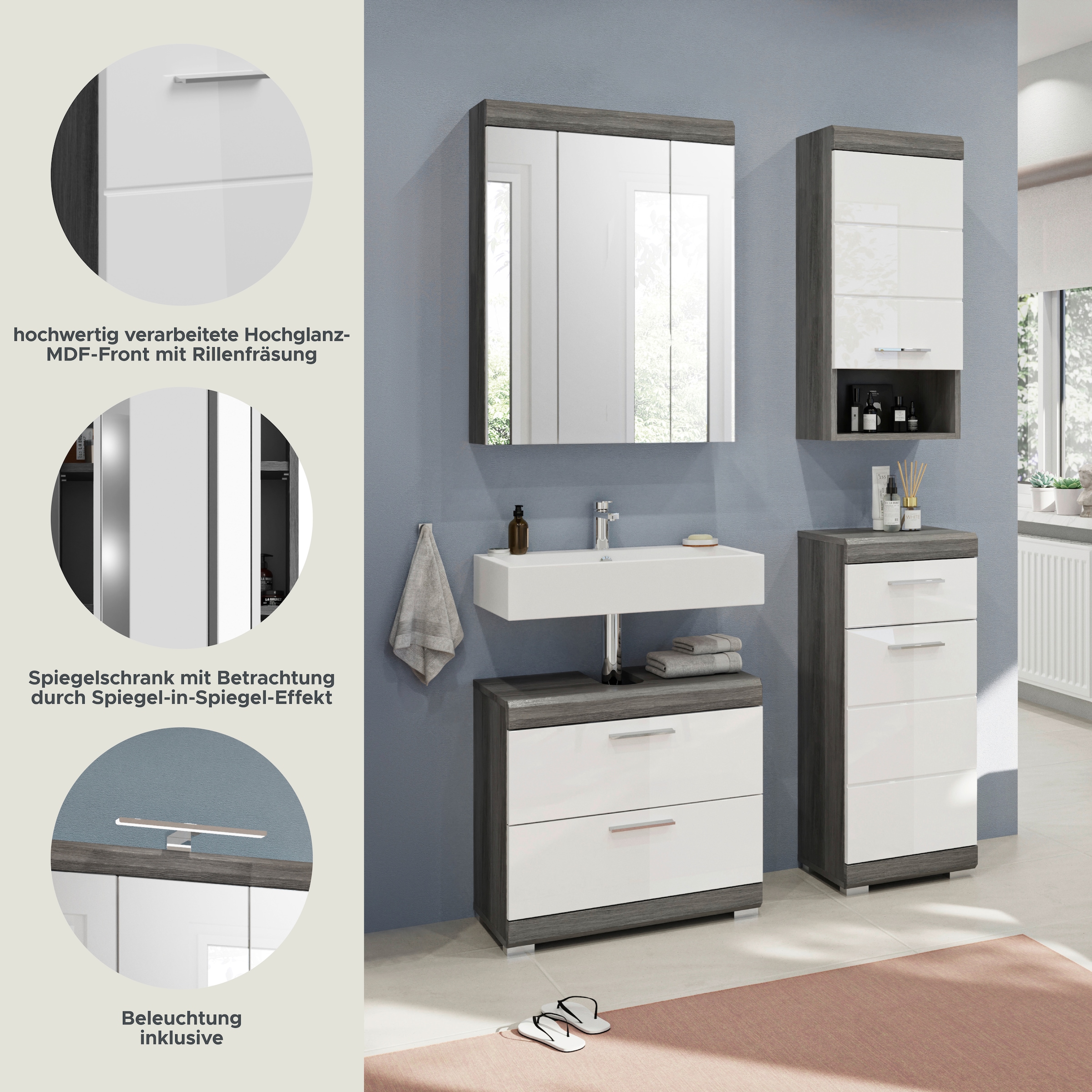 INOSIGN Badmöbel-Set »Siena, 4 teilig, bestehend aus:«, (Set, 4 St.), Waschbeckenunterschrank, Spiegelschrank, Unterschrank, Hängeschrank