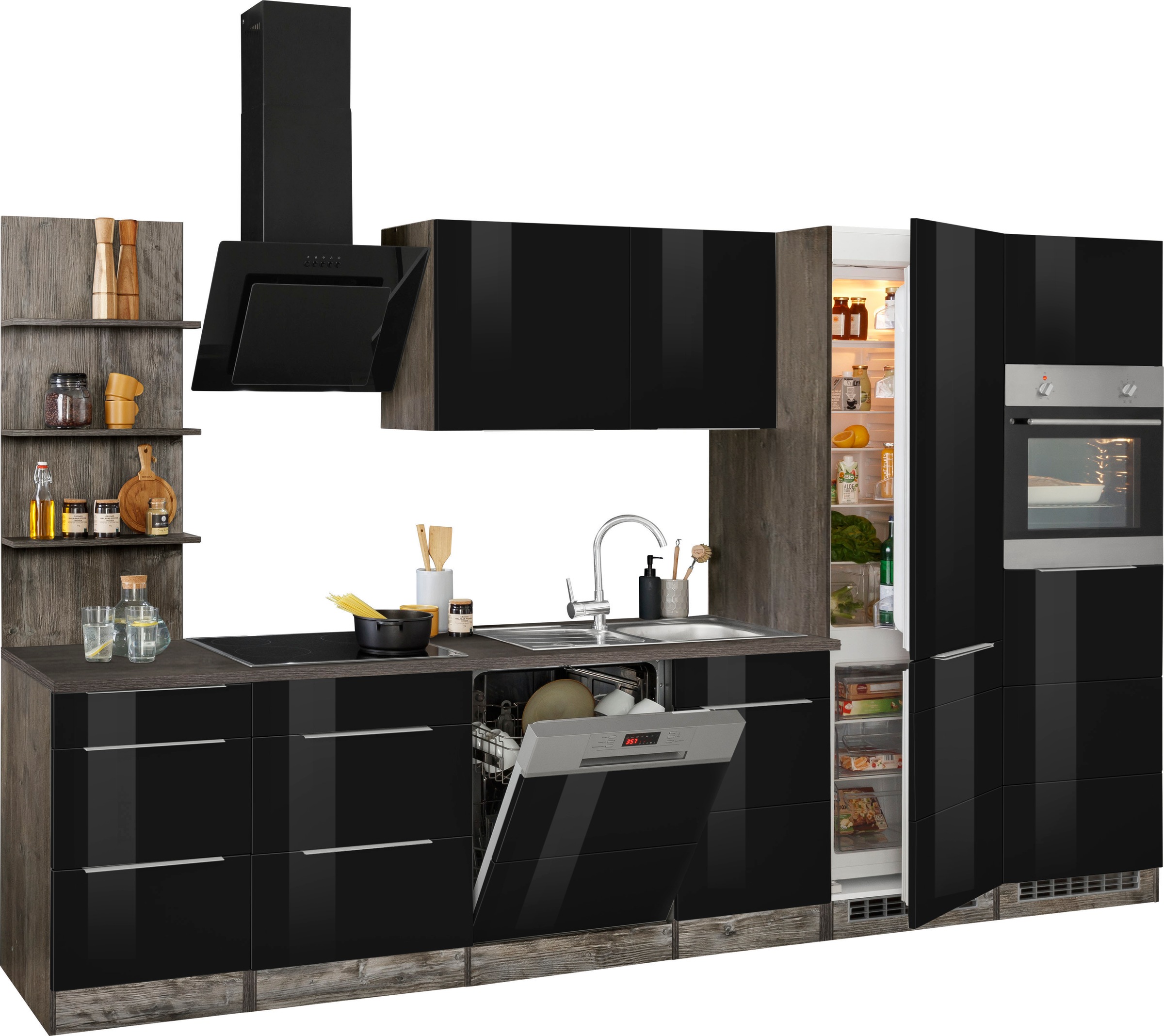 KOCHSTATION Küchenzeile »KS-Brindisi Breite 340 cm«, wahlweise mit E-Geräten und Induktion, mit MDF-Fronten und Regal