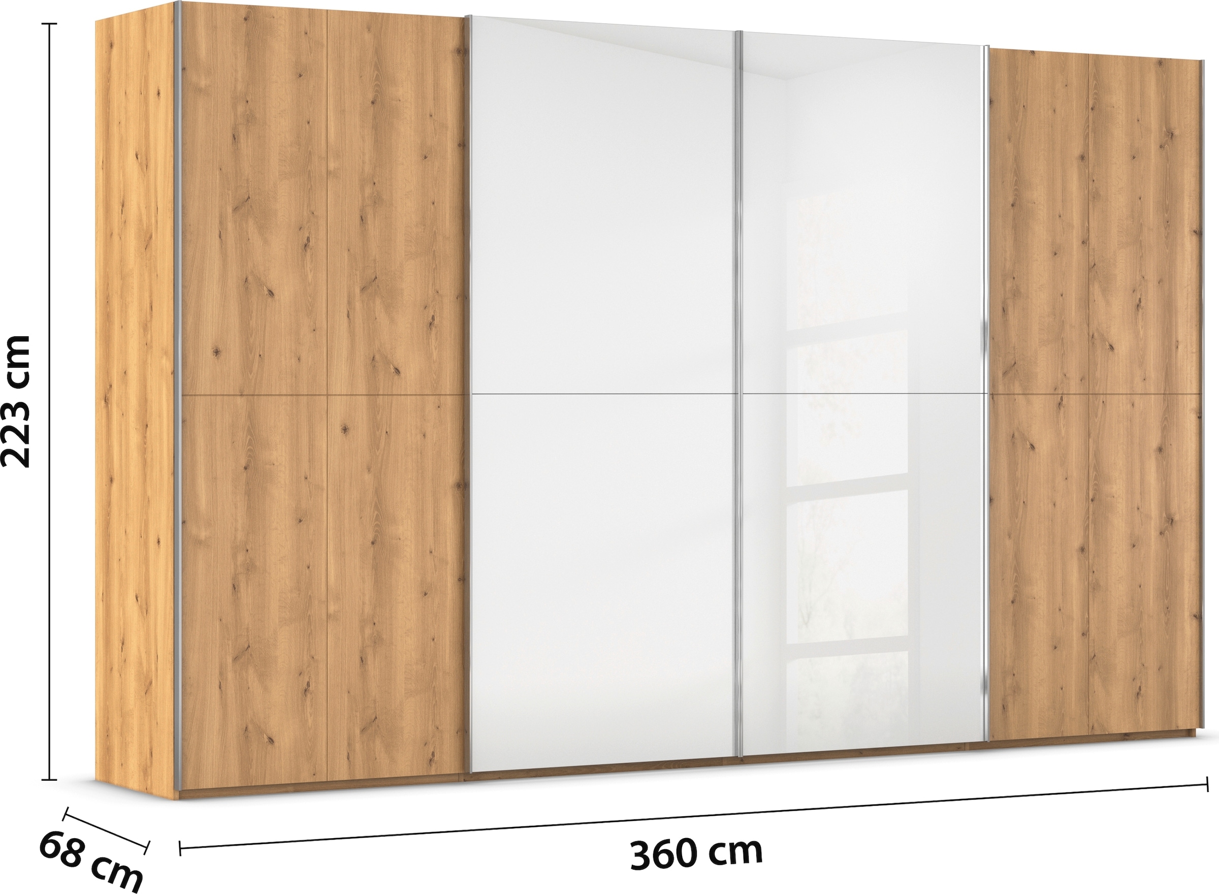 rauch Schwebetürenschrank »Kleiderschrank Schrank Garderobe Schlafzimmerschrank SCALE-WOOD«, edle geteilte Front in massiver Asteiche mit Glastüren MADE IN GERMANY