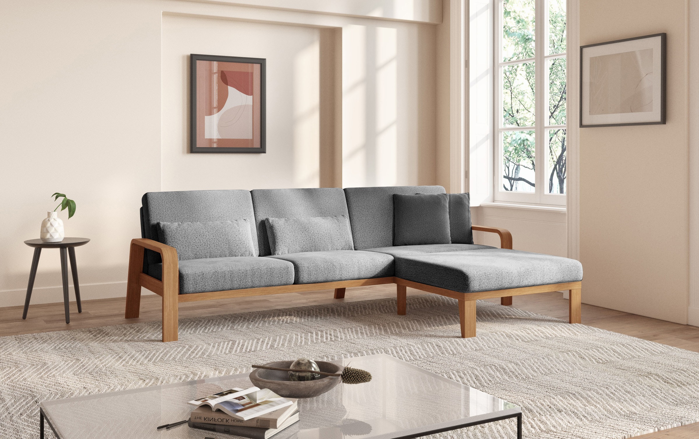 sit&more Ecksofa »Kolding L-Form«, Armlehnen aus eichefarbigem Buchenholz, verschiedene Bezüge und Farben