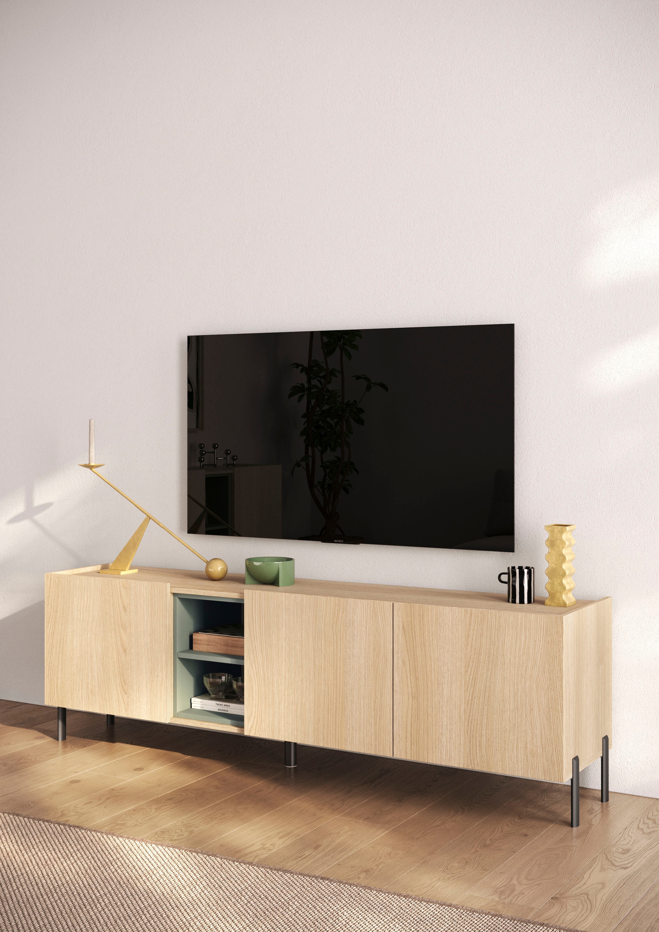 OTTO home Lowboard »Badia, 182 cm breit, 3 Türen, Mediaboard, TV-Schrank« Innenliegendes Top, gerade Metallfüße, salbeigrüne Farbakzente
