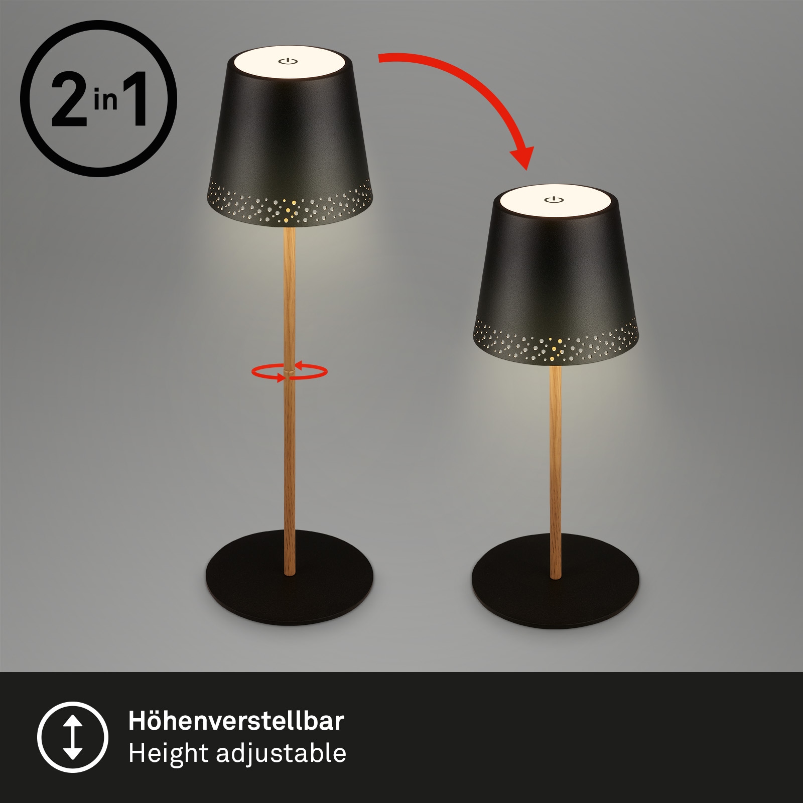 Briloner Leuchten LED Tischleuchte »KIKI« LED-Modul 1 Stk. Warmweiß mit Akku, höhenverstellbar, USB-C, warmweiß, IP44, schwarz, 38 cm