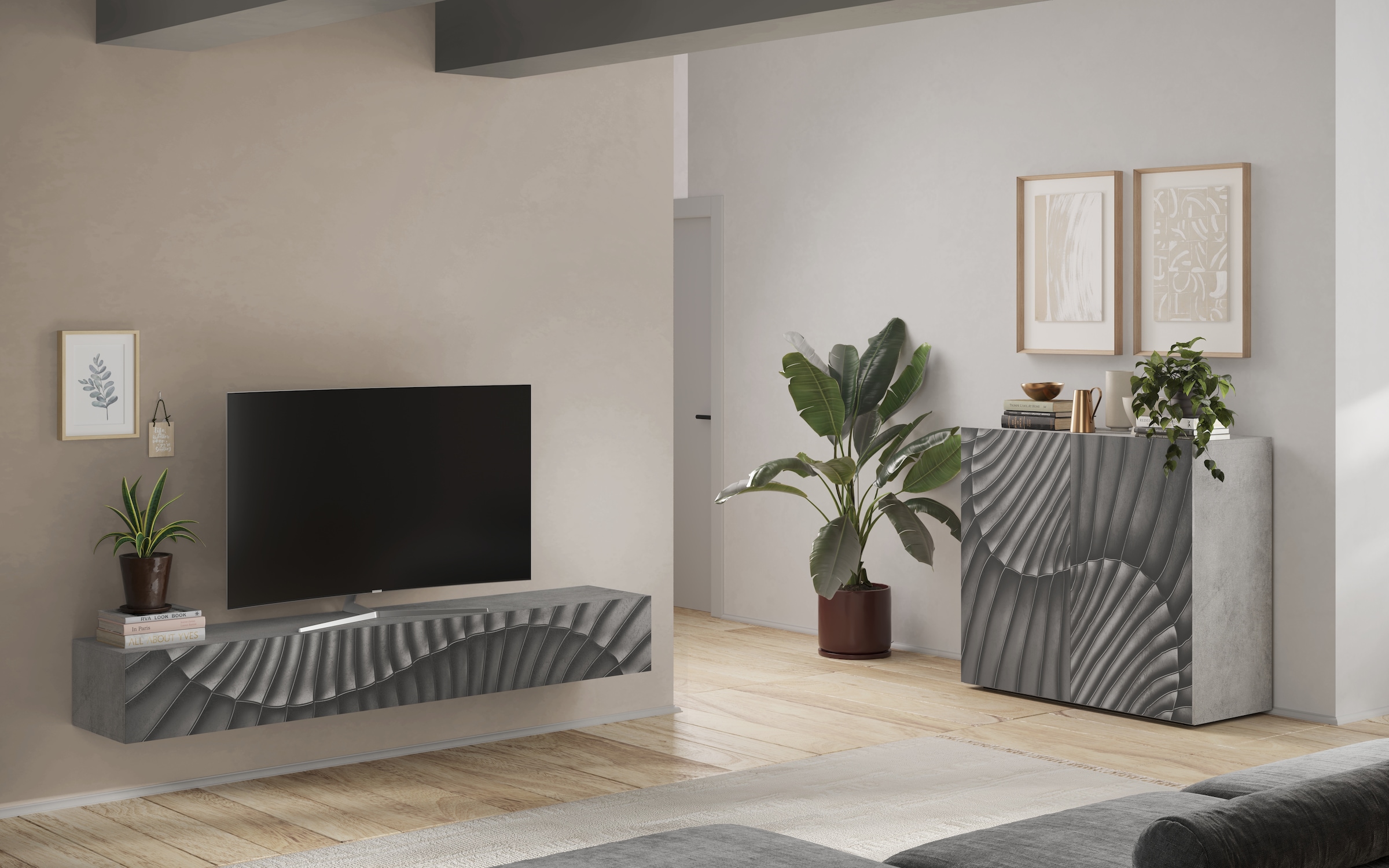 INOSIGN Lowboard »Snake Breite 210 cm, modernes TV-Board hängend mit 1 Klappe,«, TV-Möbel, TV-Schrank, Front mit Siebdruck