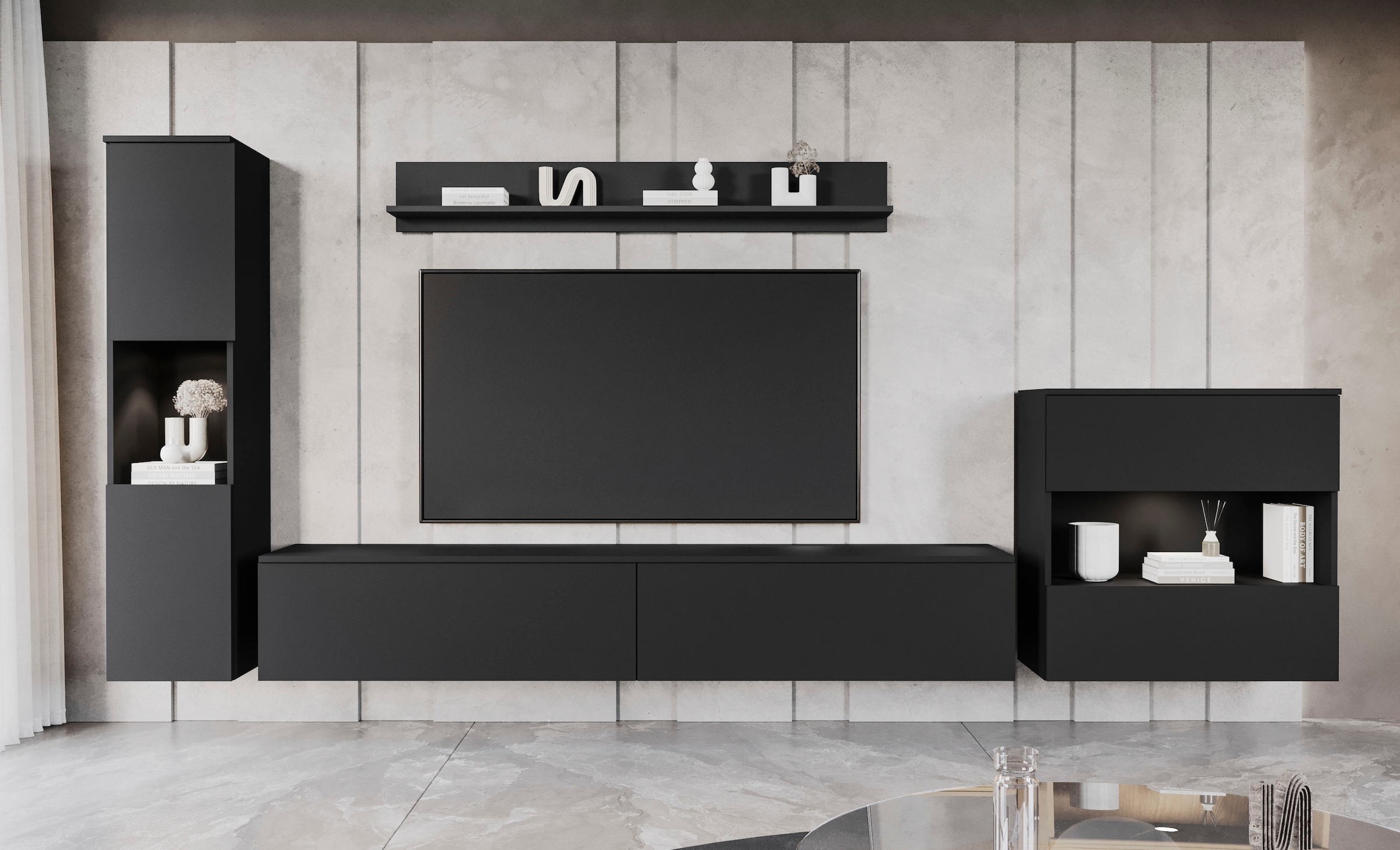 INOSIGN Wohnwand »PARIS, Vitrine Türanschlag links/rechts wechselbar«, (Komplett-Set, 4 St.), grifflose Design, stehend und hängend montierbar