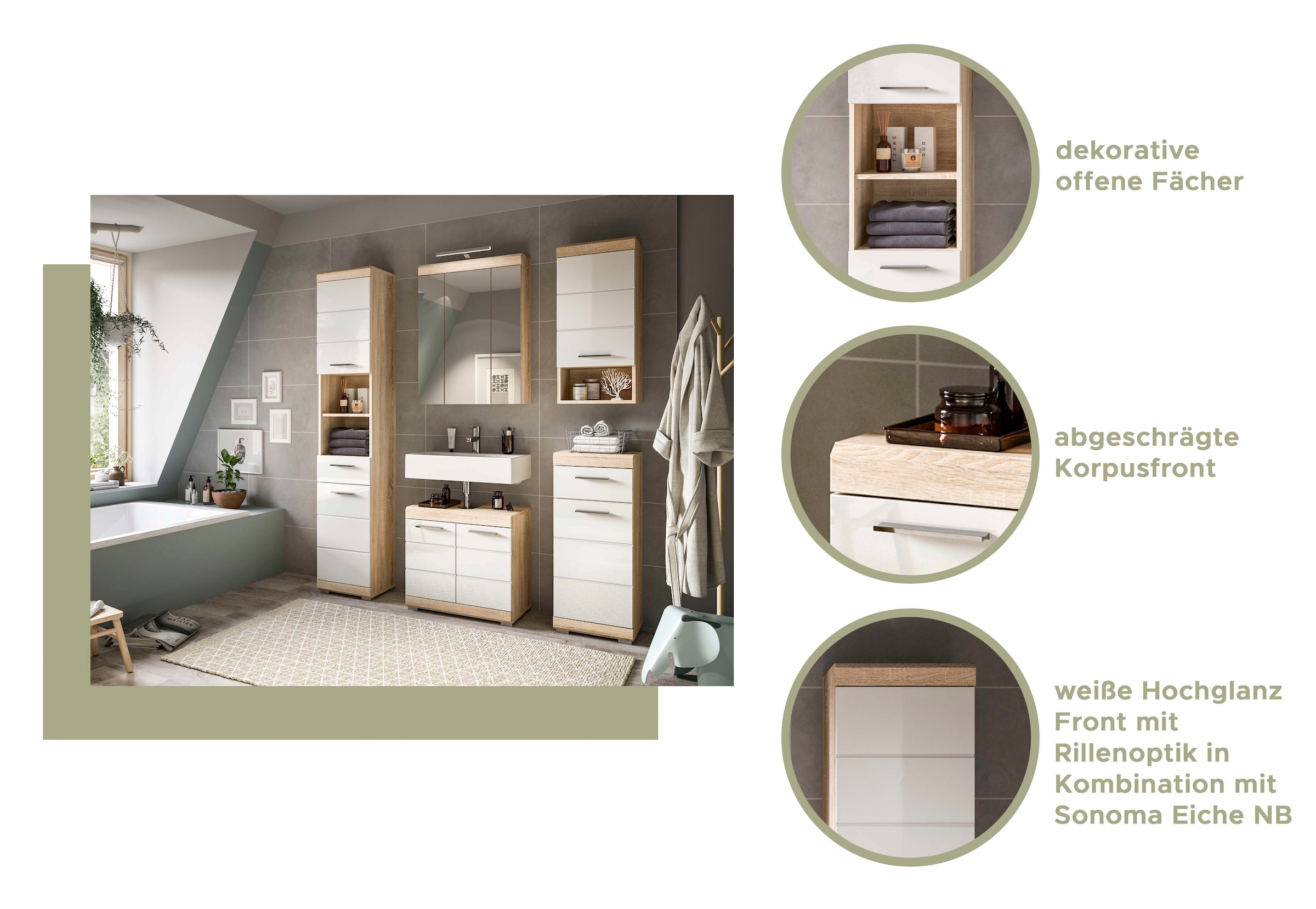 INOSIGN Hochschrank »Siena, Breite 37cm, 2 Tür, 1 Schubkasten, 2 offene Fächer, MDF-Front«, (1 St.), in verschiedenen Farben erhältlich, Badmöbel, Badschrank, Schrank, Bad