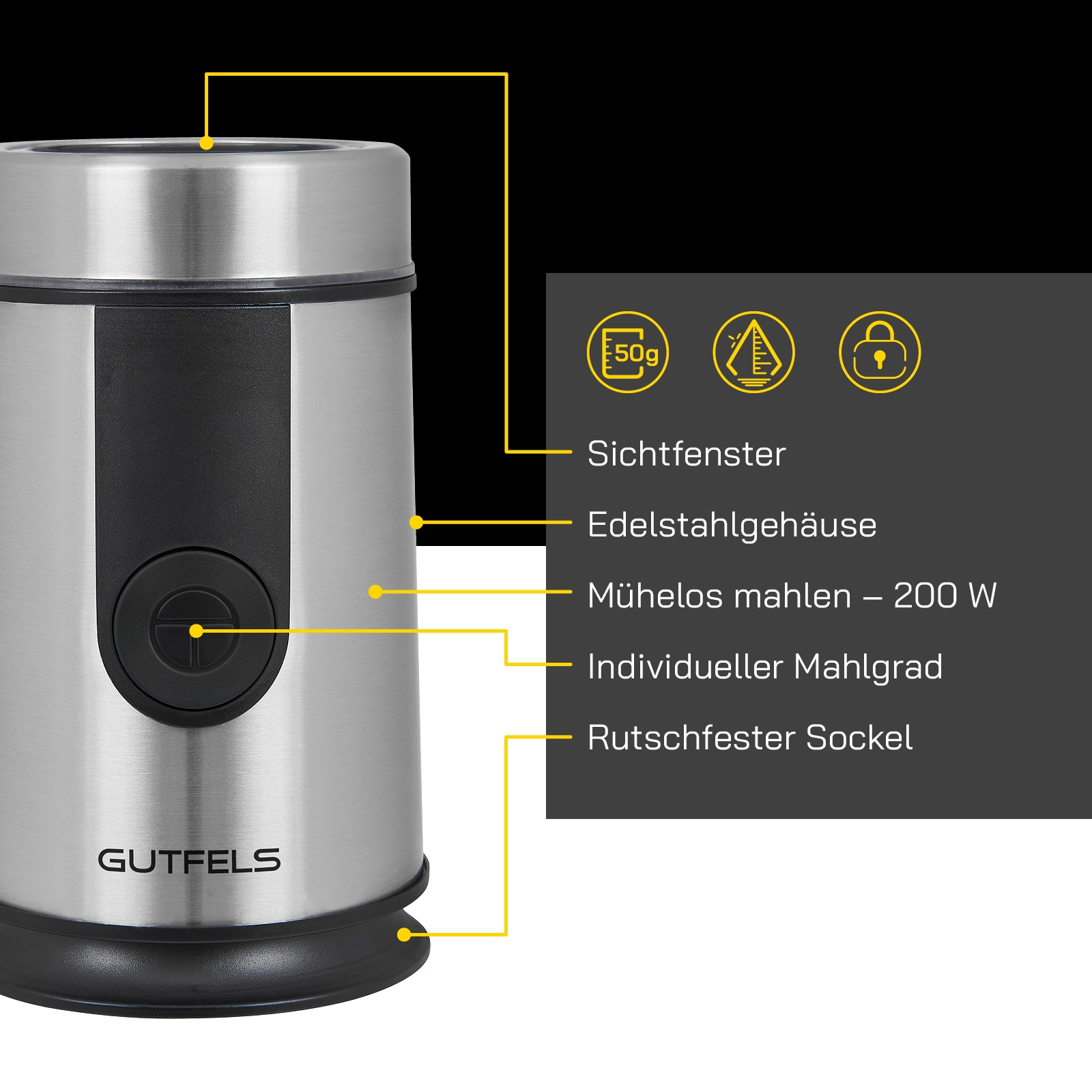 Gutfels Kaffeemühle »COFFEE5010«, 200 W, Schlagmesser, 50 g Bohnenbehälter, 50 g Kapazität, 200 Watt