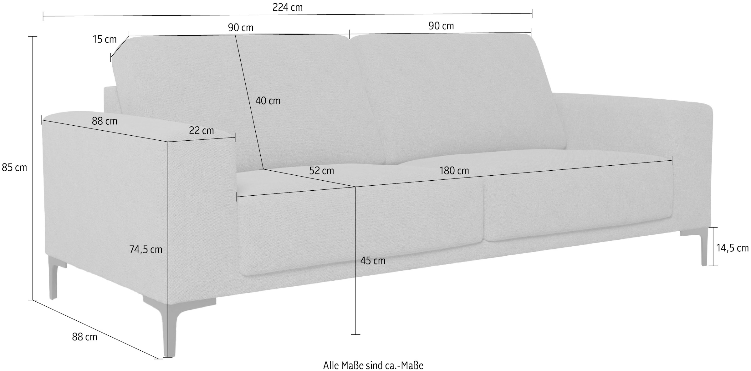 OTTO home 3-Sitzer »Xander« Breite 224 cm, Soft-Touch Chenille, schwarze Metallfüße