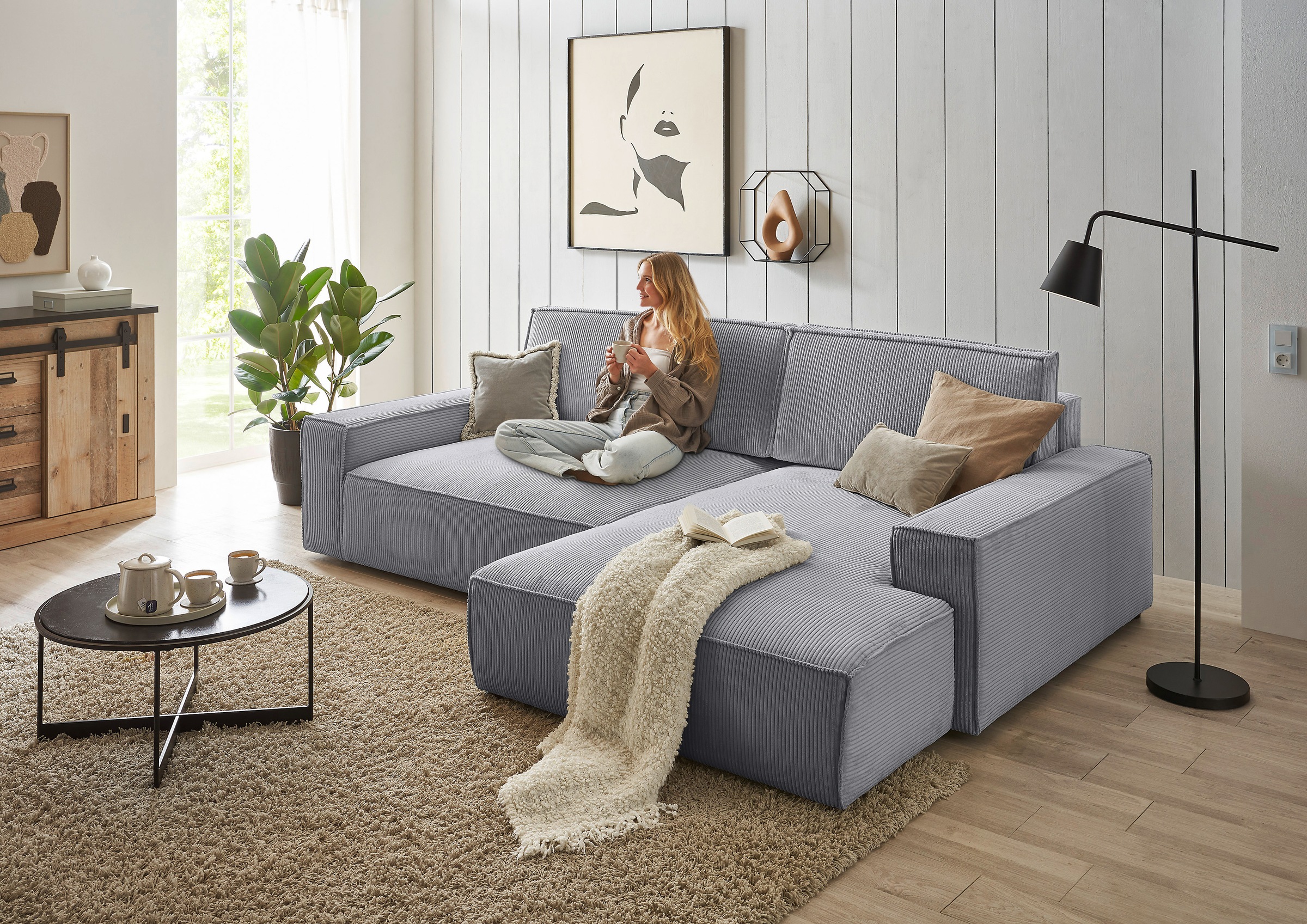 Home affaire Ecksofa »NEU: SHERWOODL XXL 284, Big-Sofa L-Form, tiefe Sitzfläche 95 cm, Cord,«, Leinenoptik, Recamiere rechts/links, auch als Schlafsofa stellbar