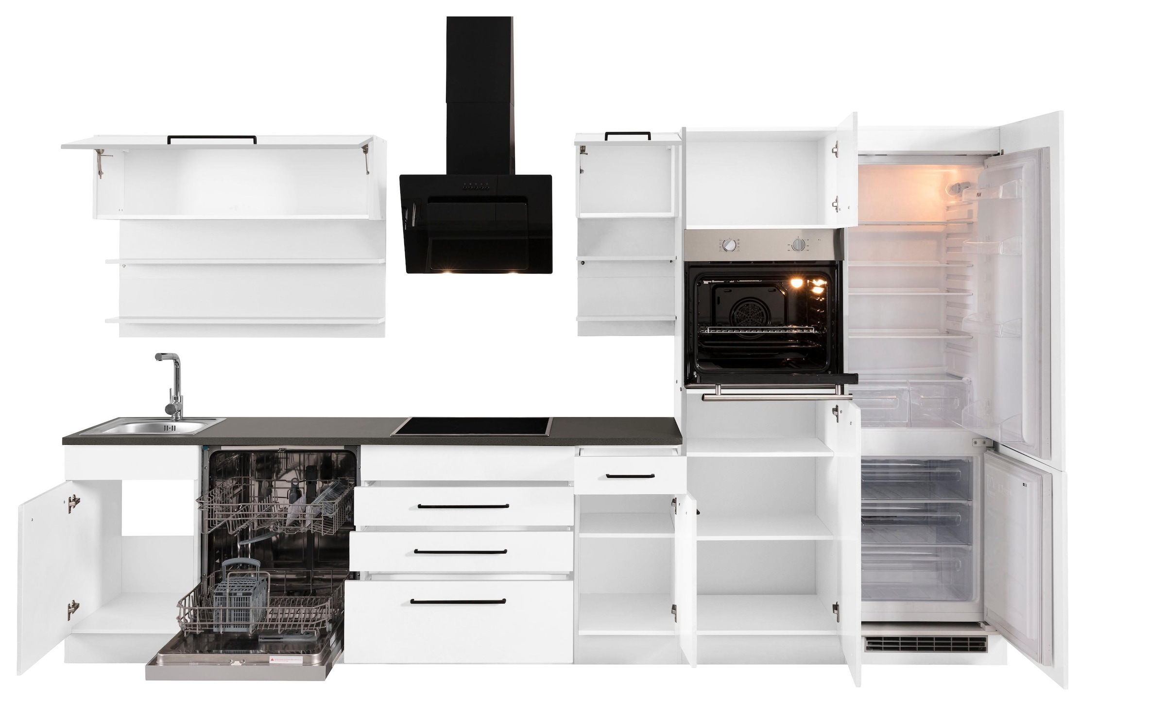 KOCHSTATION Küchenzeile »KS-Tulsa«, mit E-Geräten, Breite 350 cm, schwarze Metallgriffe, MDF Fronten