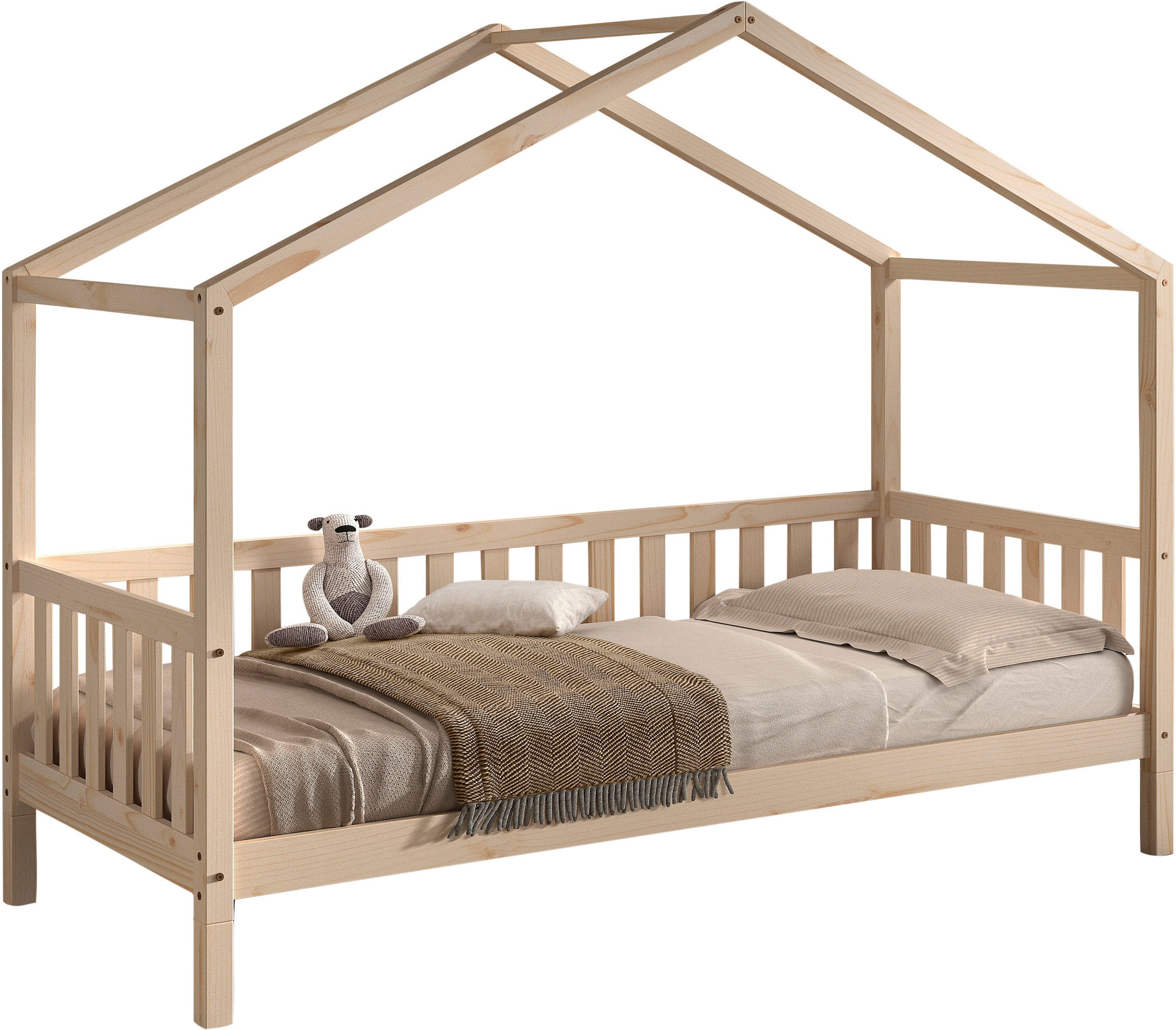 Vipack Hausbett »Dallas, Massivholzbett mit Dachaufbau umbaubar vom Boden- zum Daybett« inkl. Rolllattenrost und Sprossenumrandung, 90 oder 140x200 cm breit,  stabil und standfest gebaut, wahlweise Kiefer massiv natur oder weiß