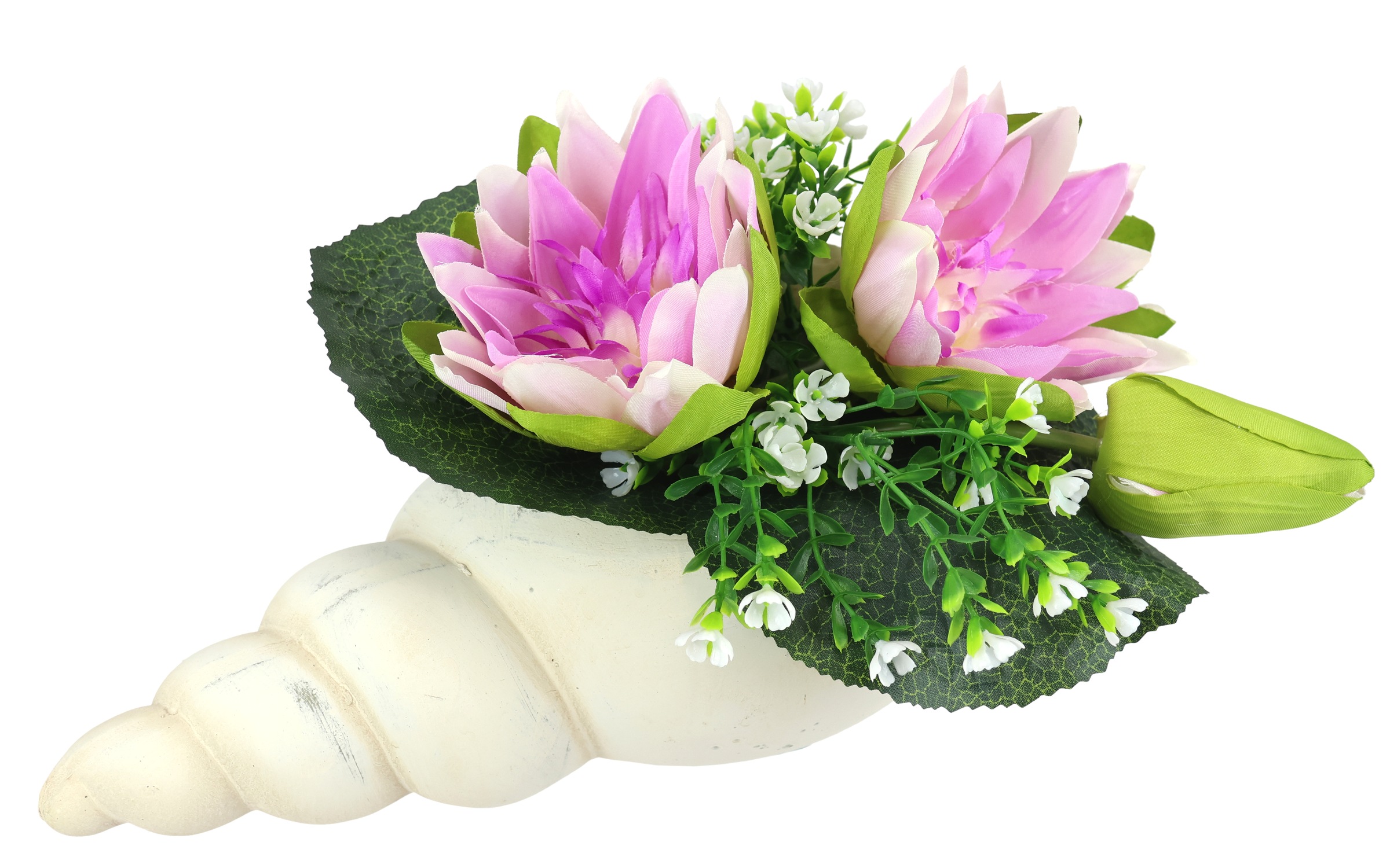 I.GE.A. Kunstblume »Lotus in Muschel-Topf«, Künstliche Seerosen-Arrangement in Muschel - Wasserlilien mit Blüten