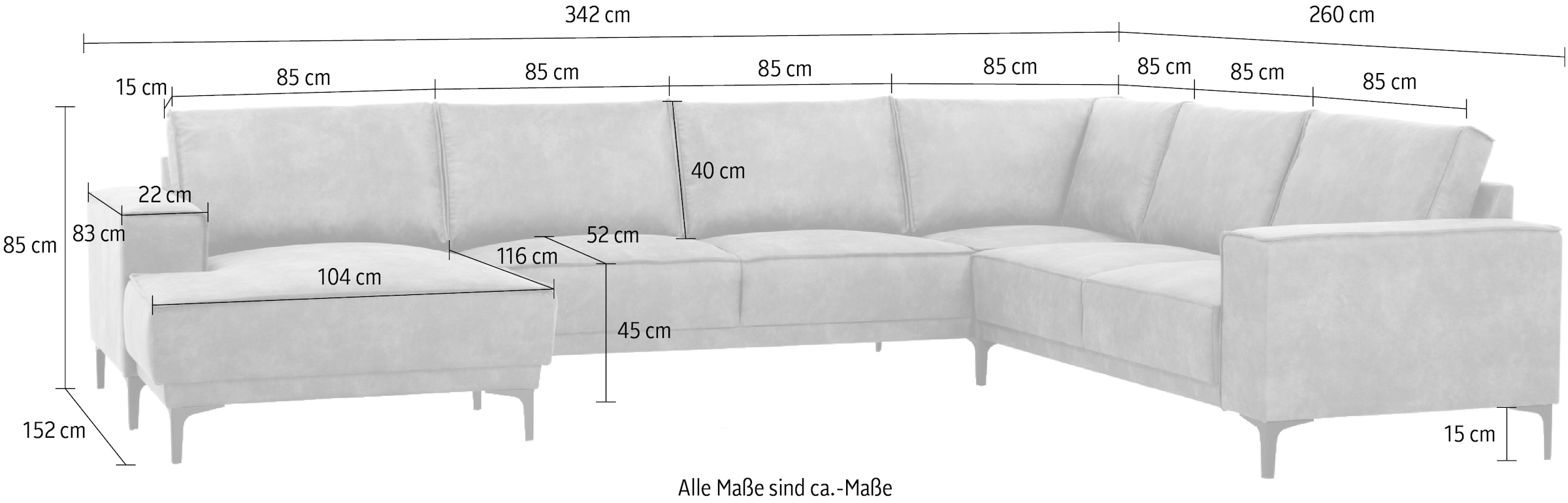 Places of Style Wohnlandschaft »XXL Sofa Oland, Struktur, Flachgewebe, Luxus-Microfaser, Boucle«, U-Form, 342 cm, Wellenunterfederung, Skandi-Design, Metallfüße