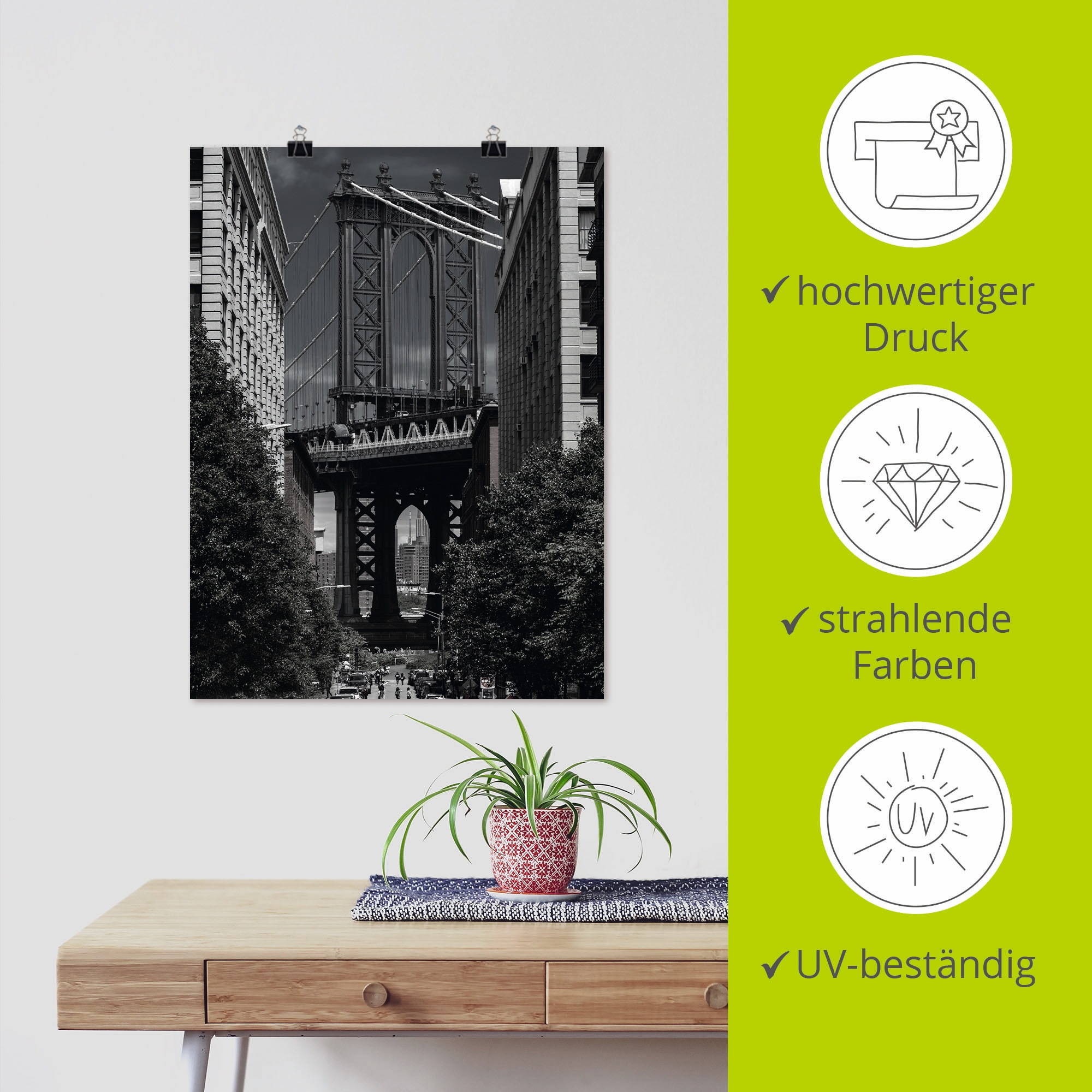 Artland Poster »New York Manhattan Bridge II«, Amerika, (1 St.), als Alubild, Leinwandbild, Wandaufkleber oder Poster in versch. Größen