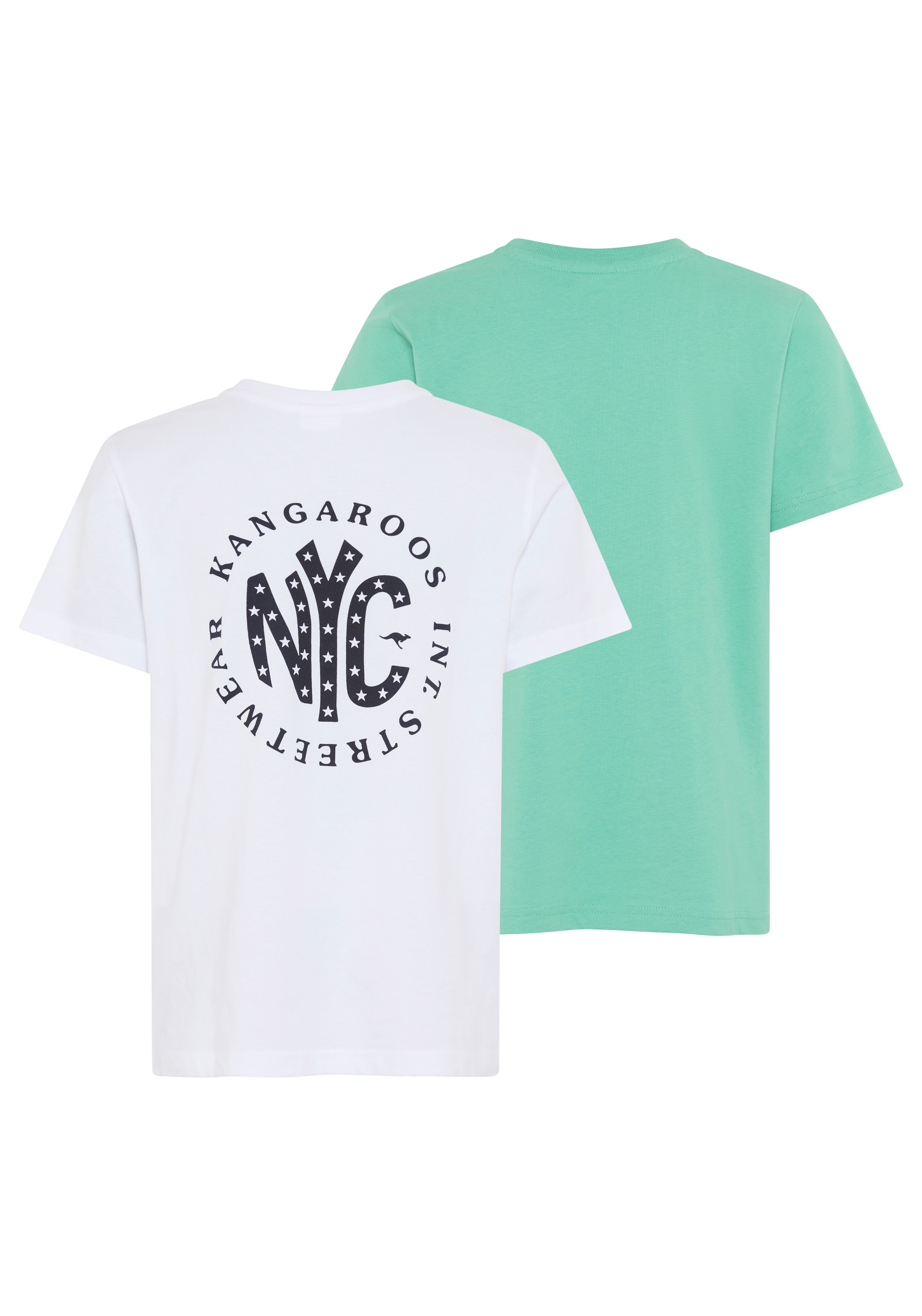 KangaROOS T-Shirt »Kangaroos 2er Pack T-Shirts« Packung, 2, 2 tlg. Basic Passform, mit Rundhalsausschnitt, bedruckt, aus Baumwolle