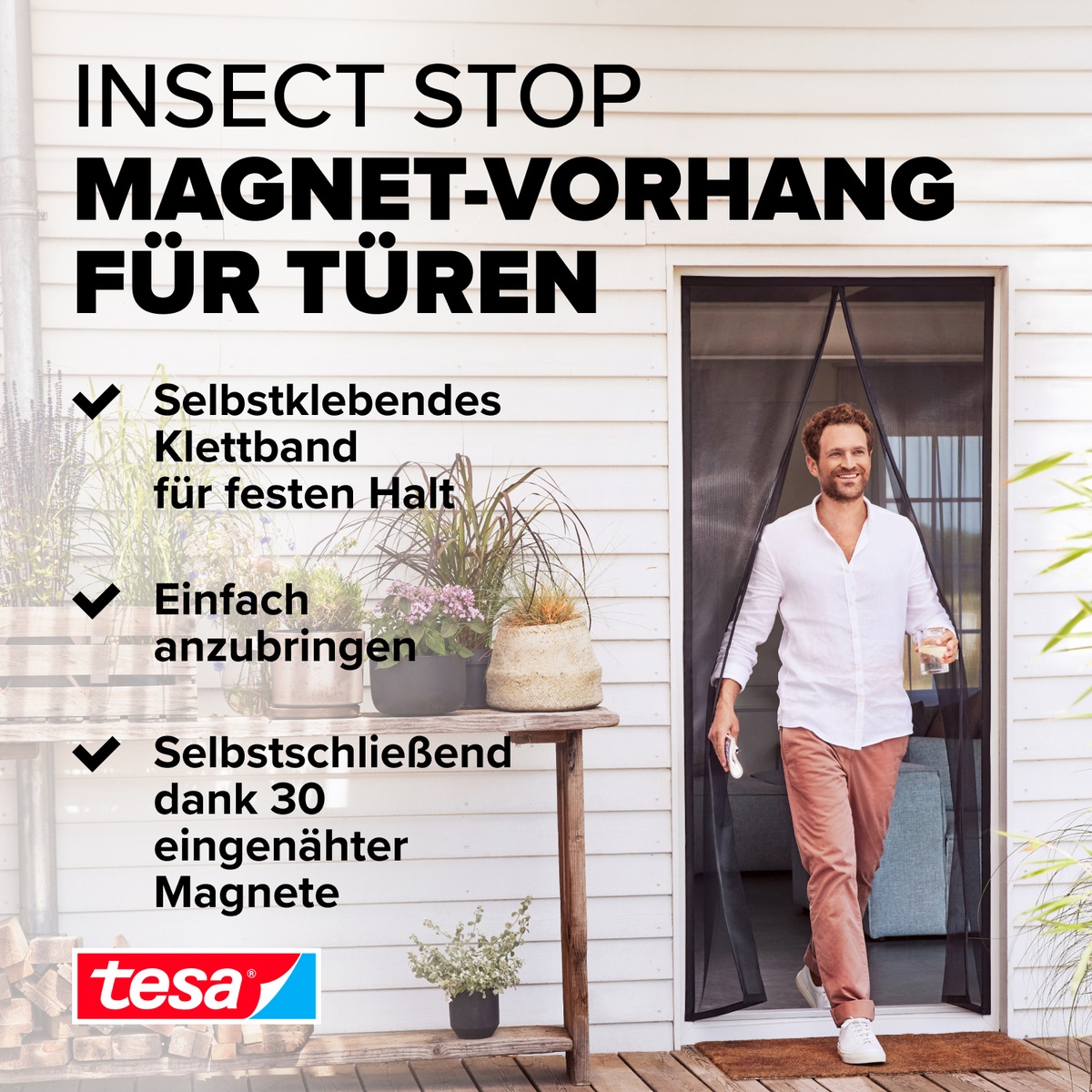 tesa Insektenschutz-Vorhang »Insect Stop Magnetvorhang selbstschließend, M - 0,90 m x 2,10 m«, Insektenschutzvorhang mit Magneten - für Balkon- und Terrassentüren