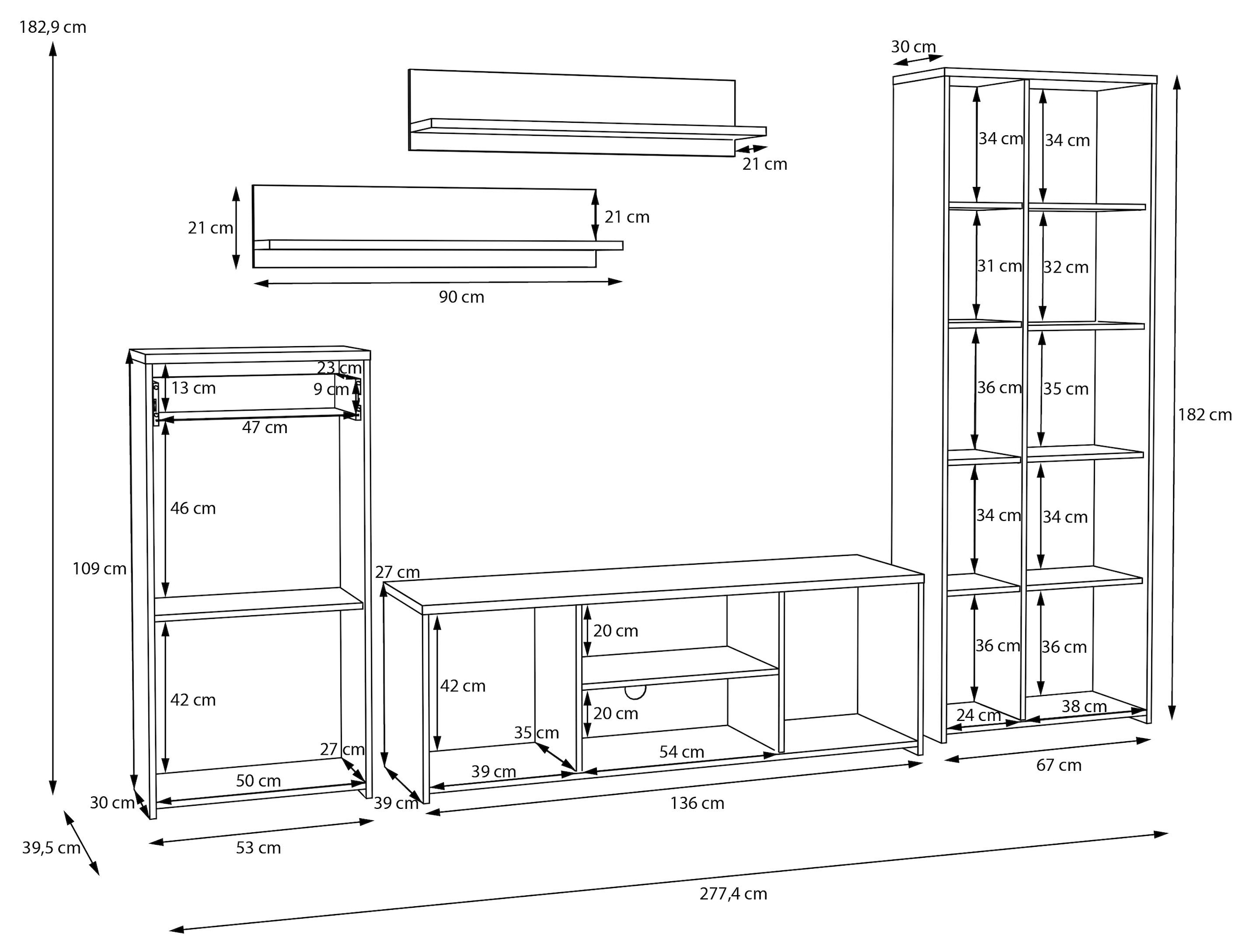FORTE Wohnwand »Pablo«, (5 St.), Wohnwand 5teilig, Stauraum, Funktionalität, Artisan Eiche/Weiss