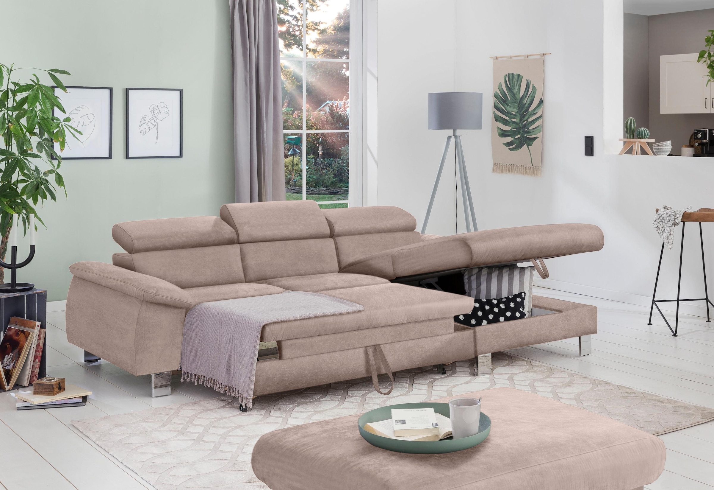 COTTA Ecksofa Komaris, Ecksofa, wahlweise mit RGB-LED-Beleuchtung und Bettfunktion/Bettkasten