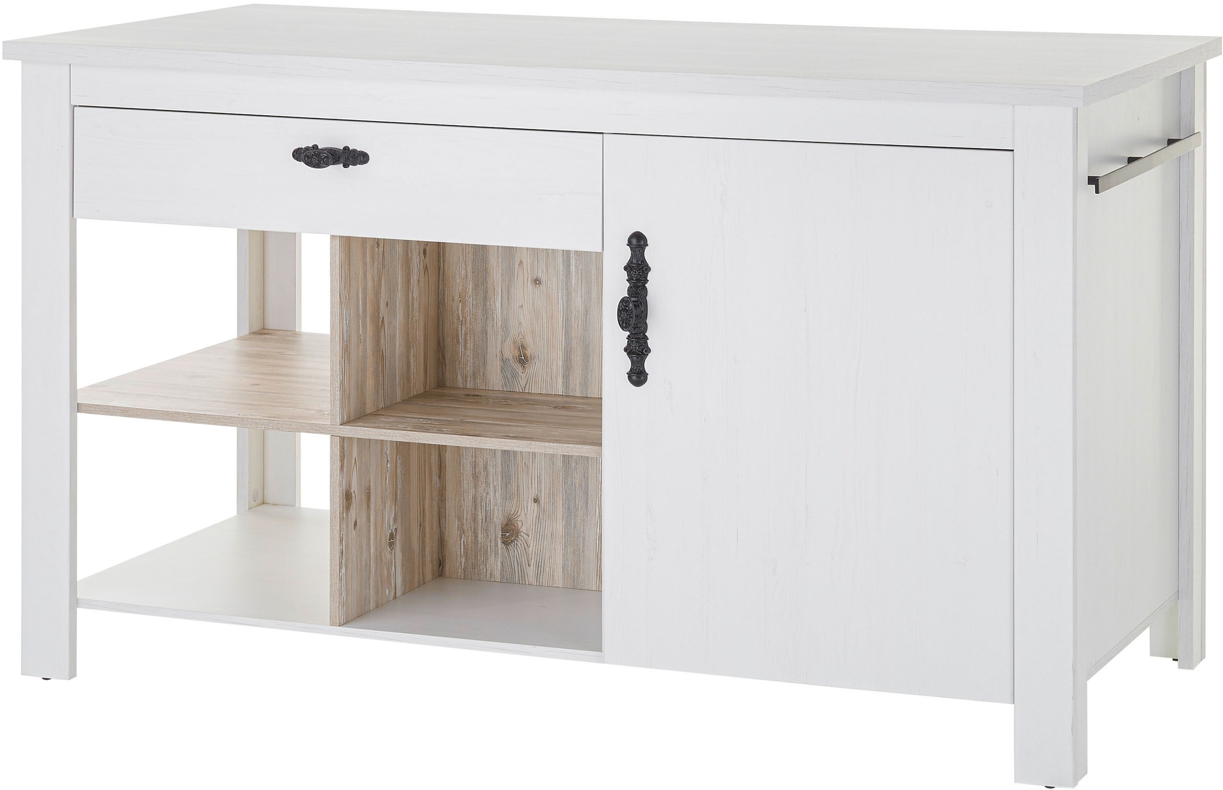 Home affaire Kücheninsel »Florenz, Küchenblock in Pinie Weiß, Kochinsel, Küchenarbeitsblock« Breite 161 cm, mit verschnörkeltem Metallgriff, 